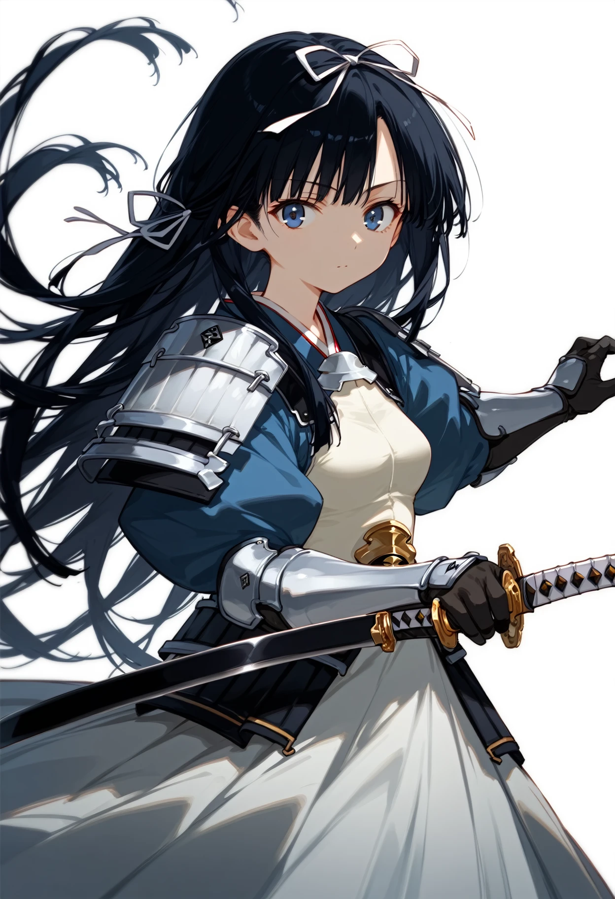 score_9, score_8_up, score_7_up, source anime, uesugi kenshin, 1girl, solo, blue eyes, sword, long hair, hair ribbon, black hair, katana, armored dress, sode, holding sword, kusazuri, white background, simple background, shoulder armor, japanese armor, looking at viewer, dutch angle, holding, medium breasts, breasts, gauntlets, faulds, <lora:uesugi_kenshin-xl-pony-v1:1>,