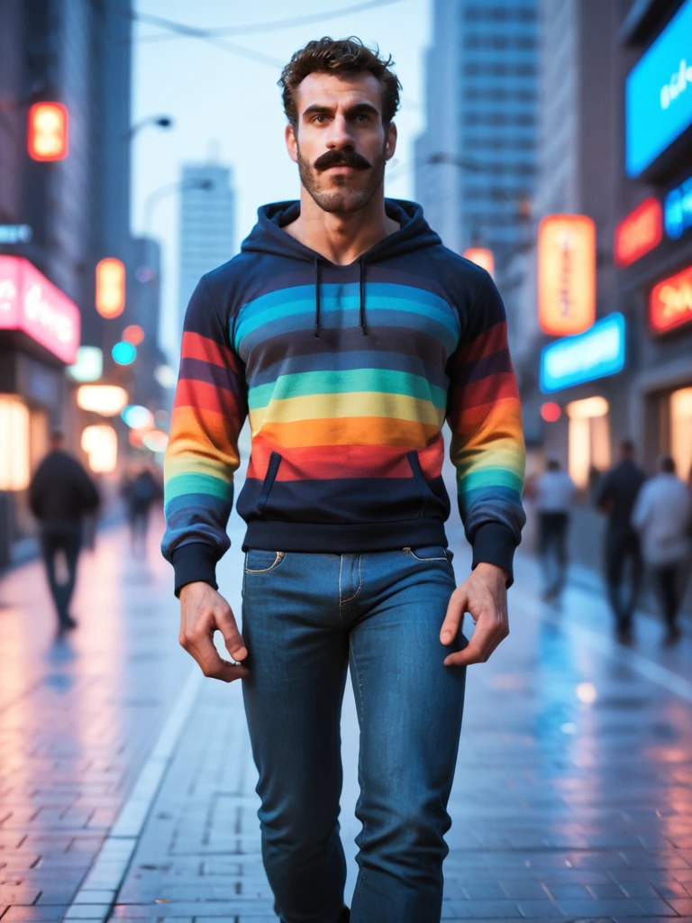 score_9, score_8_up,score_7_up, score_6_up, score_5_up, score_4_up, man walking in city, Bill, brown eyes, mustache, depth of field, bokeh, wearing colorful hoodie, pants, hairy, , cityscape, city lights, skyline, from below, dynamic angle,<lora:TrSerkan-BillAnderson-Pony-V2:0.8>