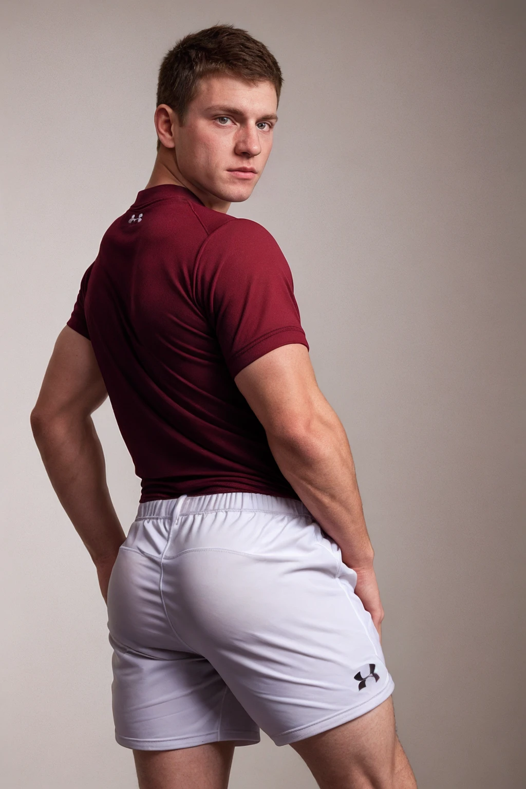 looking back, <lora:sc_curtis_sd15_epoch_7:0.8> caucasian male crtsperson, wearing Maroon compression shirt and shorts and sneakers, white background, Under Armour, posing against a simple background, photoshoot, soft directional lighting