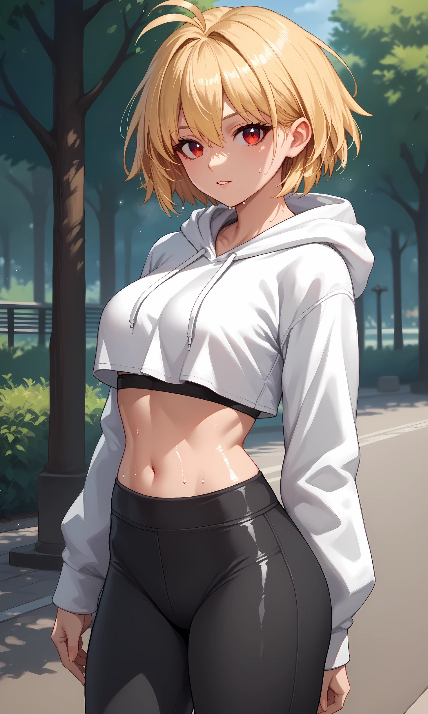 score_9, score_8_up, score_7_up, source_anime, 1girl, solo, outdoors, park, cowboy shot, standing, looking at viewer, shiny skin, arcueid, red eyes, blonde hair, short hair, ahoge, hoodie, long sleeves, crop top, navel, black pants, high-waist pants, yoga pants, sweat 