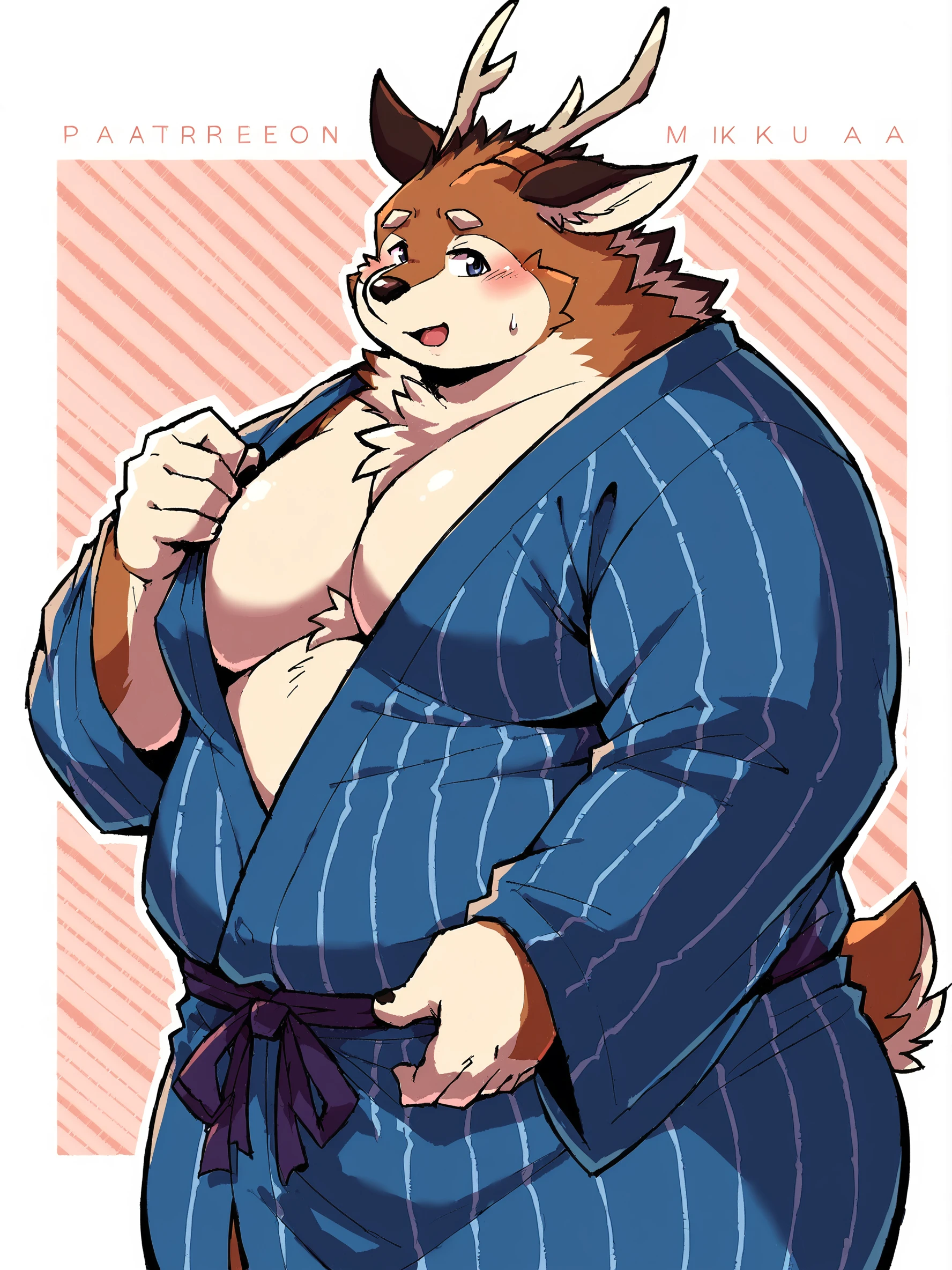 score_9, score_8up, score_7up, score_6up, score_5up, score_4up, BREAK
abstract background, BREAK
solo, male, k@suz@, deer, furry, anthro, fat, overweight, antlers, yukata, big breasts, BREAK
source_furry, rating_safe, BREAK
<lora:Kasuza_-_Tamacolle_-_PDXL:1>