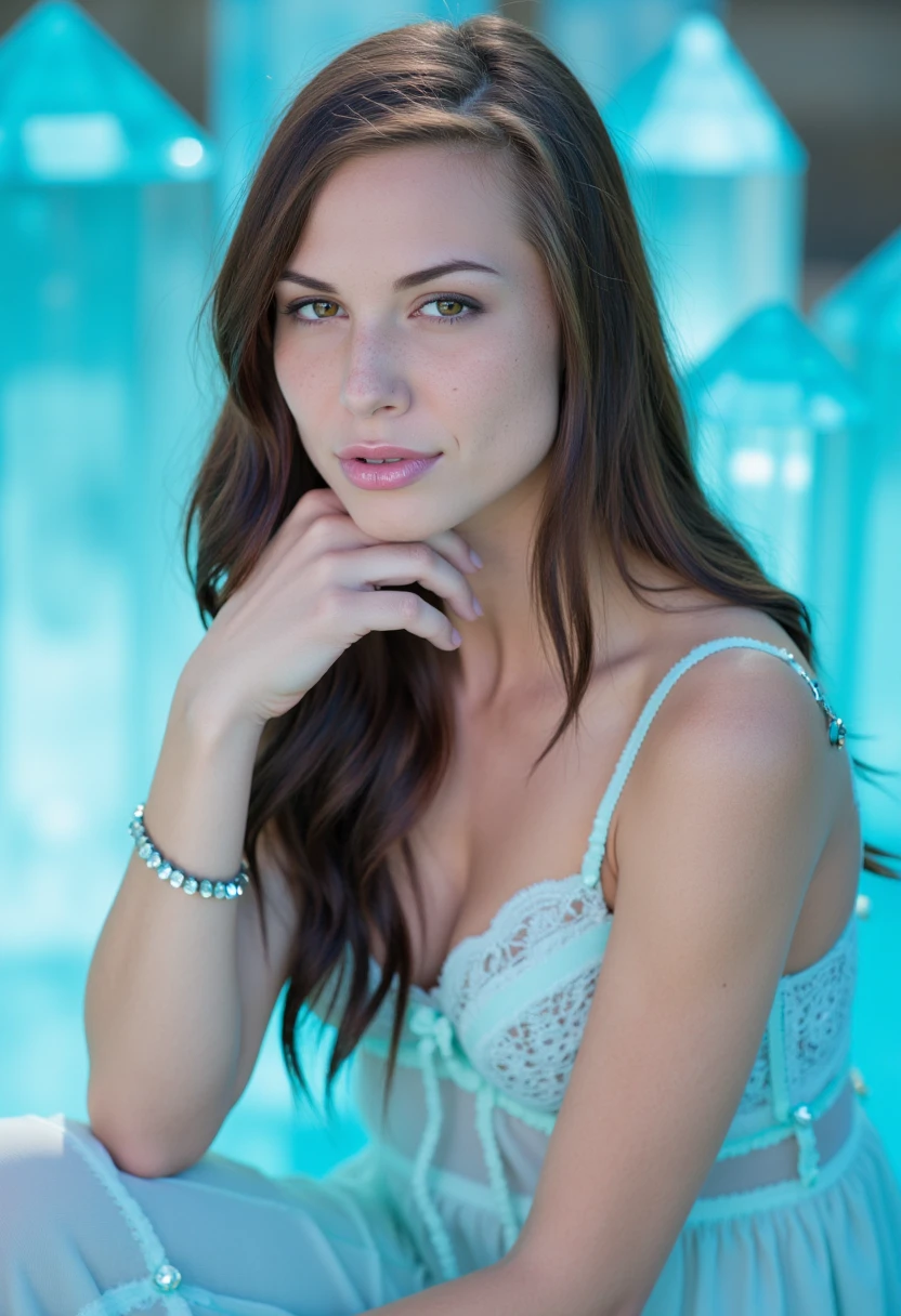 A serene portrait of a aidrafox with soft aquamarine-blue eyes, their color as clear and mesmerizing as the sea. She is draped in pale blue clothes that mirrors the aquamarine gemstones in her necklace and bracelets. The scene is set in front of towering aquamarine crystals that shimmer like water, reflecting light in calming waves across her skin. Her eyes hold the viewer’s gaze with a tranquil yet seductive intensity, creating a connection that feels like being pulled into the depths of the ocean. The entire scene glows with a cool, peaceful energy, capturing the essence of aquamarine’s calming, fluid nature.