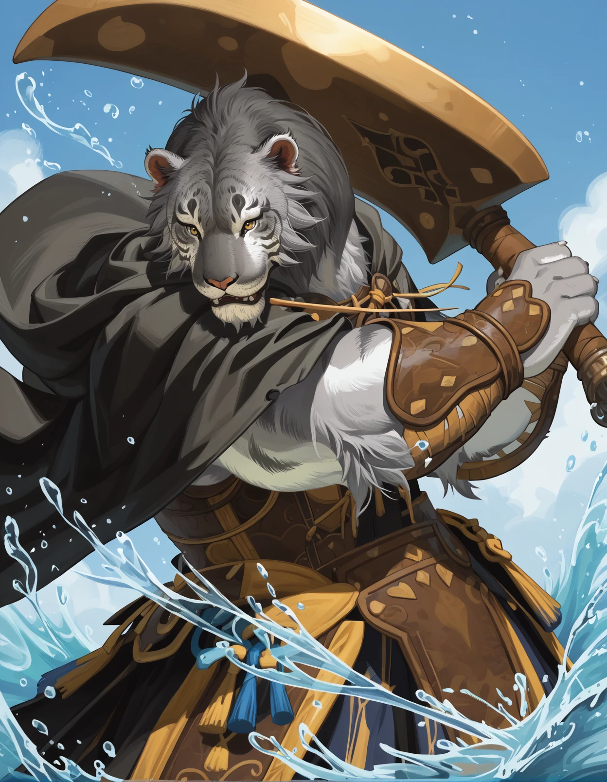 yinhu, tiger, ink splash, best quality, masterpiece, solo, anthro, male, mane hair, beard, yellow eyes, frown, angry, open mouth, teeth, side view, raised hand, holding broadsword, swing weapon, water splash,  black cape, armor, vambrace, action pose, front view,
<lora:BlackMythYinHu_1.0.18:1>