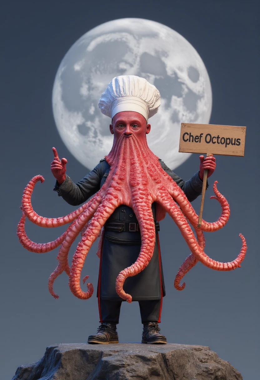 A Chef Octopus, (standing on the moon, holding a sign "Chef Octopus" ) , full body shot, looking at the viewers, realistic hyper-detailed, masterpiece,best quality, intricate details  . choctoefpus <lora:FLUX_ChOctoefpus_LoRA-000011:1>