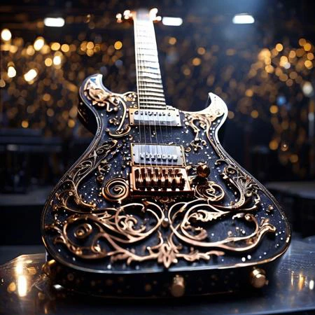 RAW photo of a very detailed reflective guitar with whimsical elements, dark studio, magical glowing podium, reflective enviroment, spot lights, fantasy style, black and gold colors, big white diamonds on the guitar, strong depth of field, darkness, dramatic, dusty black theme, intricate details, ultra sharp, exquisite detail, flawless composition, vivid colors, masterpiece, exciting background,  timeless elegant and Exquisite Copper Ornaments