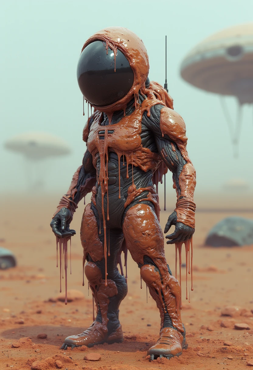 An infected astronaut stands on a barren alien wasteland. Disgusting wet textures drench the astronaut, and it's visor is cracked and spewing infected goo. The background has spaceships floating in the distance.