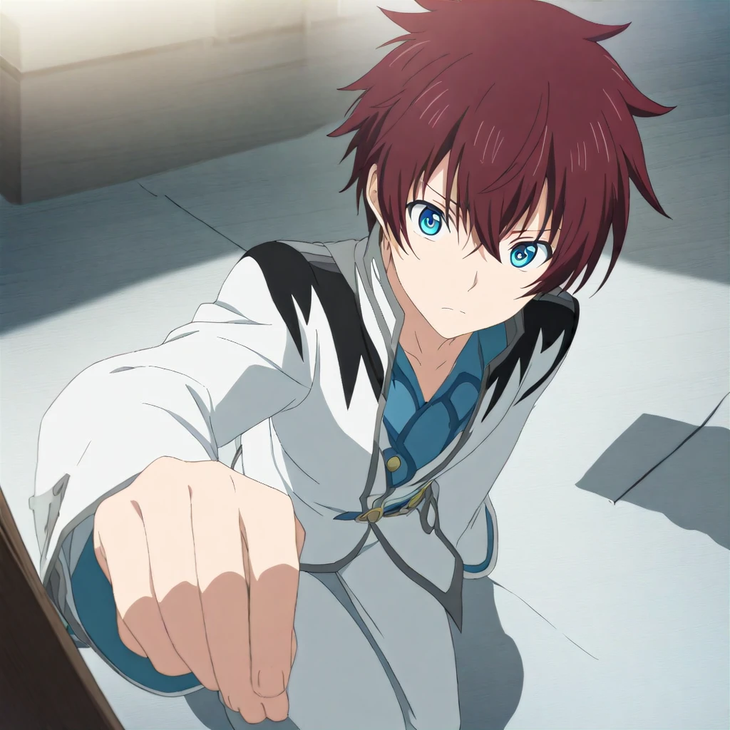 asbel, asbel lhant, 1boy, blue eyes, short dark brown-red hair, solo, white clothing,anime drawing, anime eyes, circular big eyes, 
best quality, shading, 
 <lora:ASBEL-XL-t2:0.6>