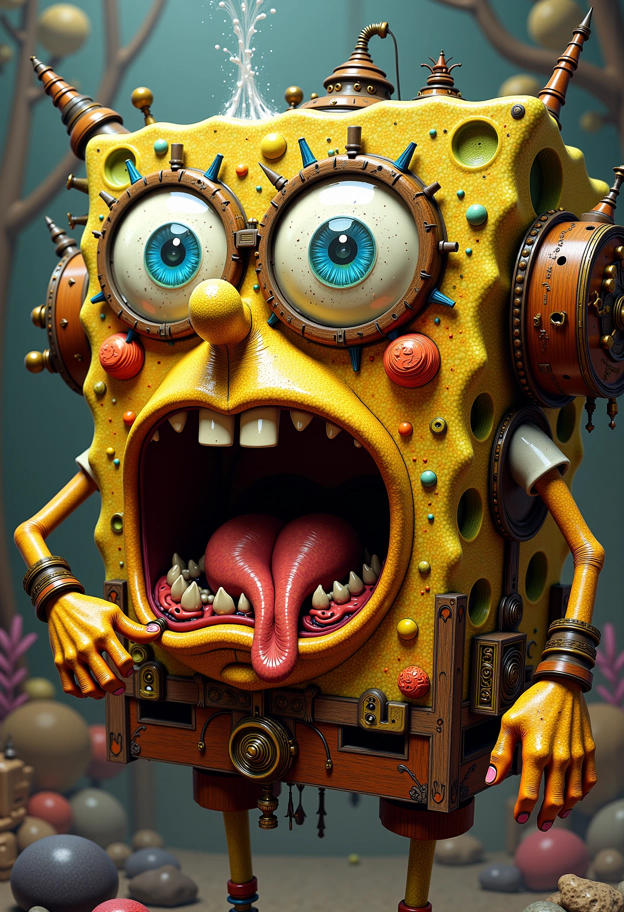 steampunk illustration, close up of hyper - realistic spongebob, photorealistic, mesmerizing, fantastical, concept art, highly detailed, artstation, trending, feng zhu, shaddy safadi, noah bradley, tyler edlin, jordan grimmer, darek zabrocki, neil blevins, tuomas korpi