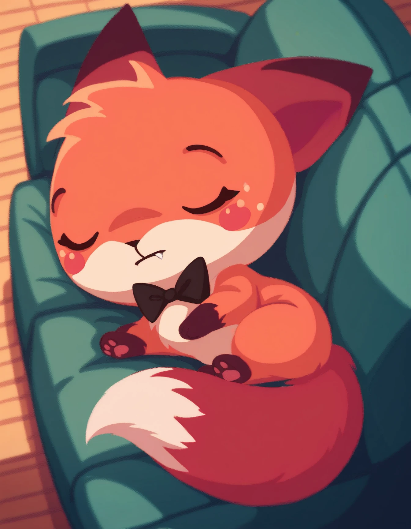 score_9, score_8_up, score_7_up, score_6_up, score_5_up, score_4_up, feral, closed mouth
Foxy_vkstickers, solo, red fox, two tone fur, fox tail, fang, black bow on the neck, closed eyes, sleeping on the couch, lying
 <lora:Foxy_vkstickers_XL:0.8>