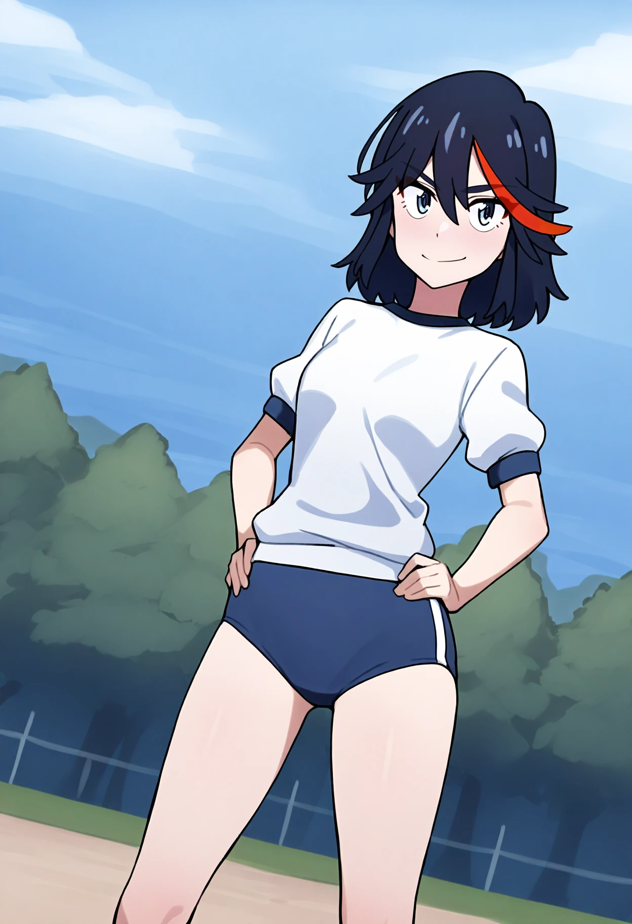 masterpiece, best quality, very aesthetic, absurdres BREAK
1girl, matoi ryuuko, black hair, two-tone hair, blue eyes,
gym uniform, white shirt, blue buruma,
smile, hands on hips, standing, solo, looking at viewer, blue sky, outdoors, park background <lora:MatoiRyuukoIllustriousXL_byKonan:1>