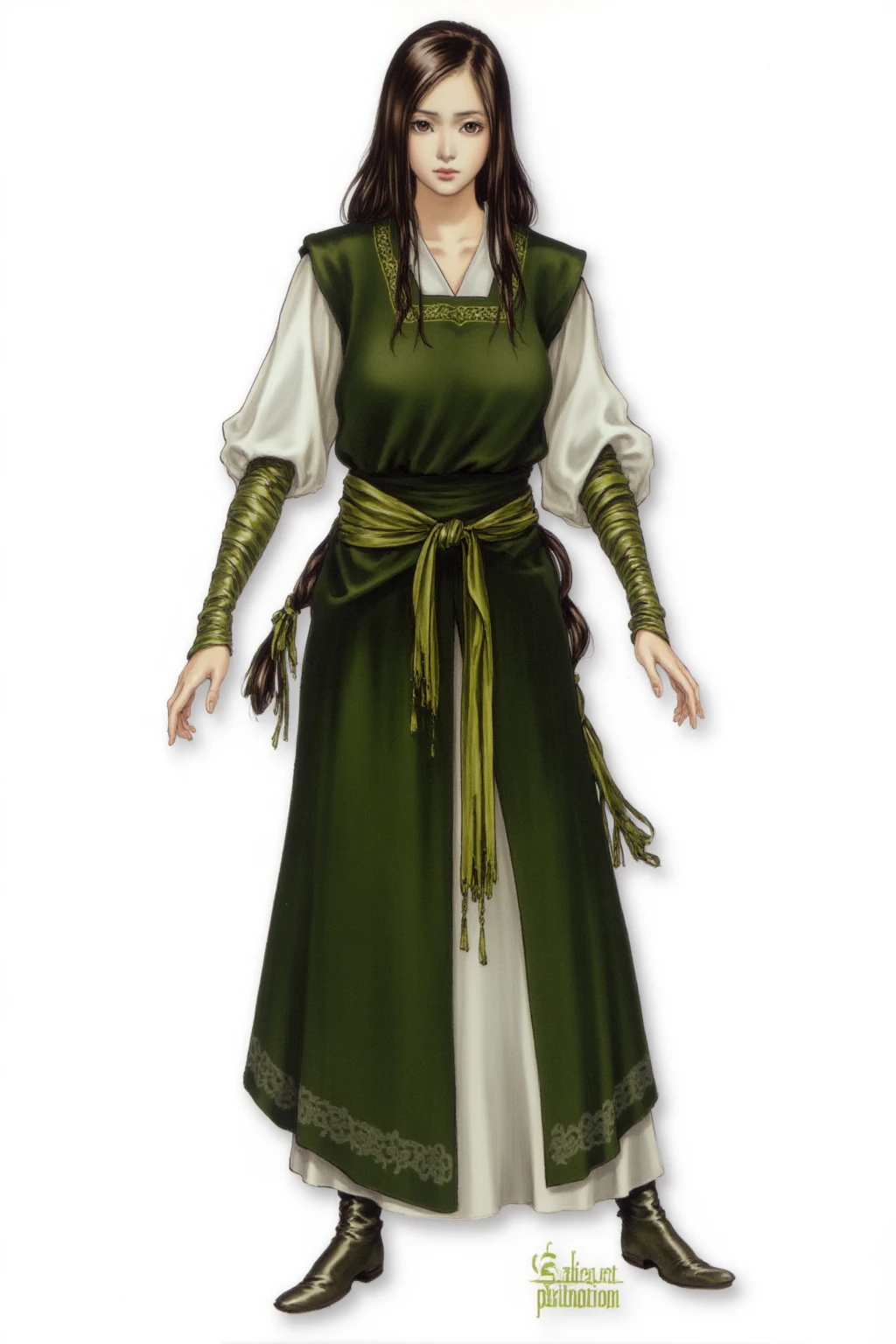 full body medieval fantasy character of a woman,  simple background, white background,  an Asian woman with fair skin and long, straight, dark brown hair. She has a symmetrical face with delicate features, including a small nose, full lips with a natural pink hue, and slightly arched eyebrows. Her eyes are almond-shaped and dark, brown eyes, with a subtle hint of makeup, enhancing their natural beauty.       a female human monk is dressed in a dark green sleeveless vest over a white, sleeveless tunic,  The tunic is tied at the waist with a green bandage belt wrapped around the waist,  and the vest has a series of white, tassel-like adornments along the edges, The creature's lower body is wrapped in a dark green cloth, secured with a green bandage belt,  and natural green leggings under the cloth, Green wraps are also tied around the warriorâs feet, giving the impression of bandaged boots.  The characterâs hands are adorned with similar green wraps bandage elbow-length gloves,