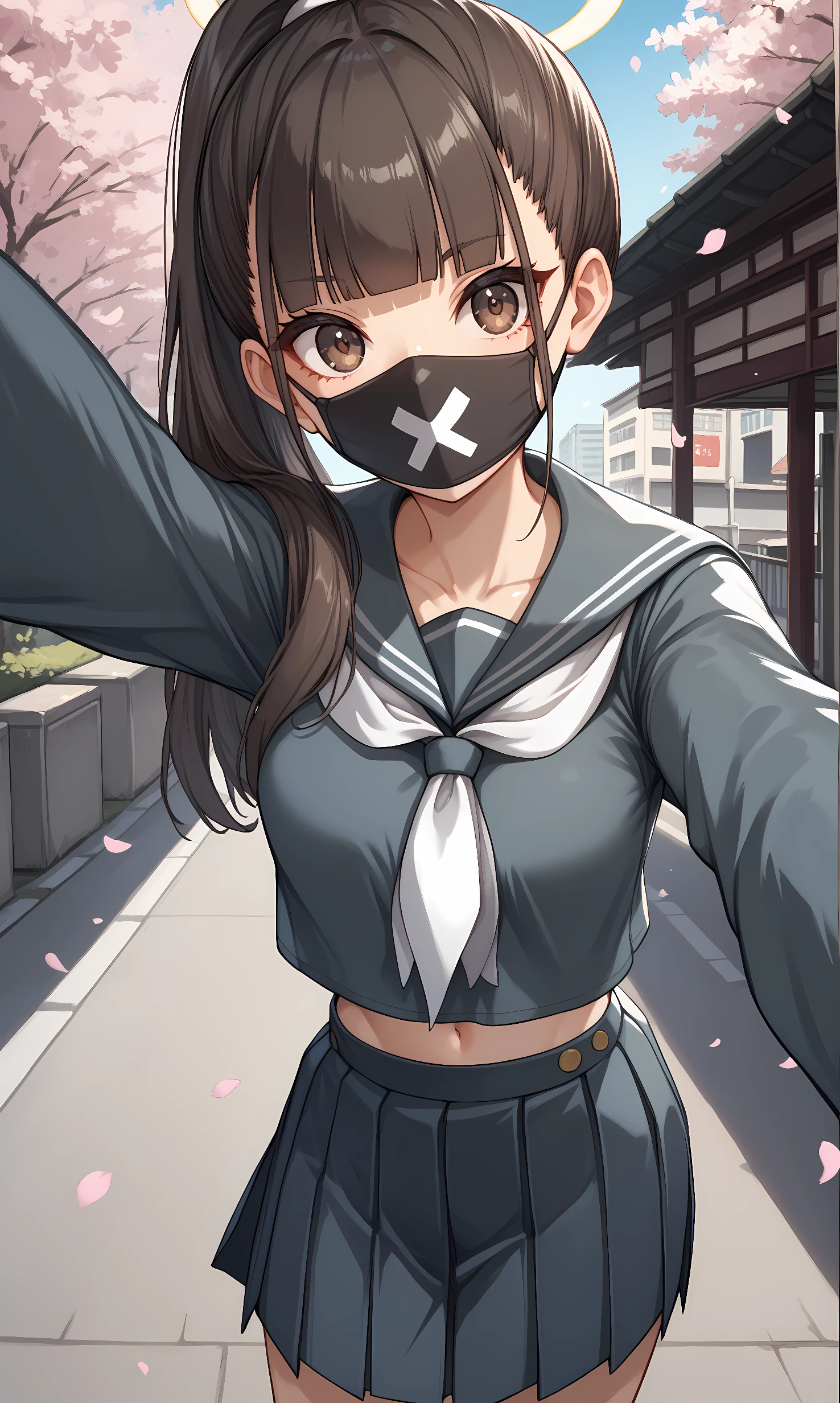 score_9, score_8_up, score_7_up, source_anime, 1girl, solo, outdoors, street, cherry blossoms, cowboy shot, standing, looking at viewer, shiny skin, sukeban, brown eyes, brown hair, long hair, ponytail, blunt bangs, halo, mouth mask, school uniform, grey shirt, long sleeves, black gloves, fingerless gloves, grey serafuku, white neckerchief, grey skirt, pleated skirt, midriff, navel, high heels, reaching out, selfie