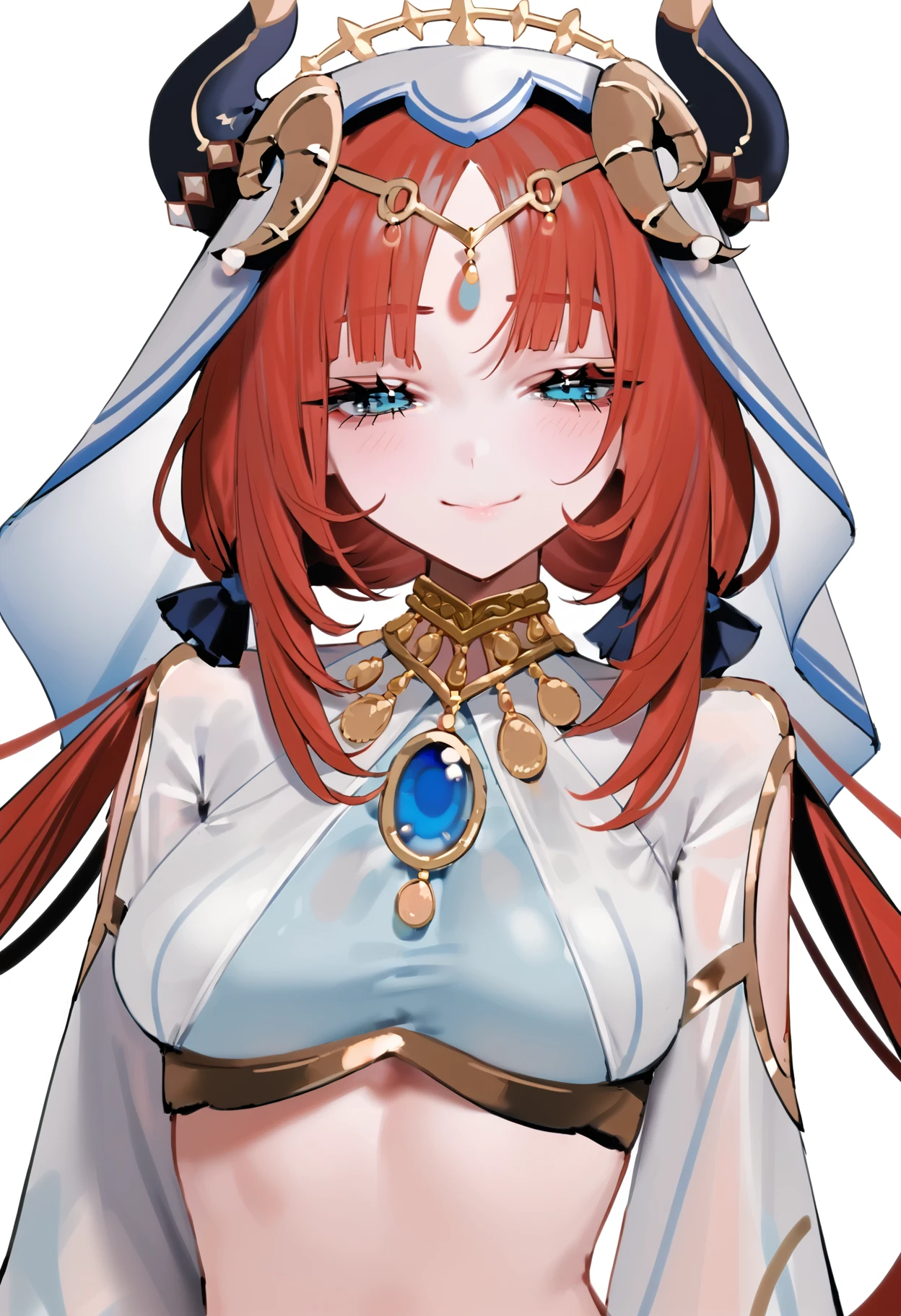 score_9, score_8_up, score_7_up, best quality, source_anime BREAK, BEBEstyle, 1girl, nilou (genshin impact), fake horns, red hair, long hair, medium breasts, smile, white veil, white background, upper body, jewelry, simple background, looking at viewer, circlet, crop top, neck ring, brooch, clothing cutout, long sleeves, closed mouth, low twintails, parted bangs, half-closed eyes, blush, white headwear, harem outfit, gold trim, gem, blue eyes, <lora:BeBe:1>