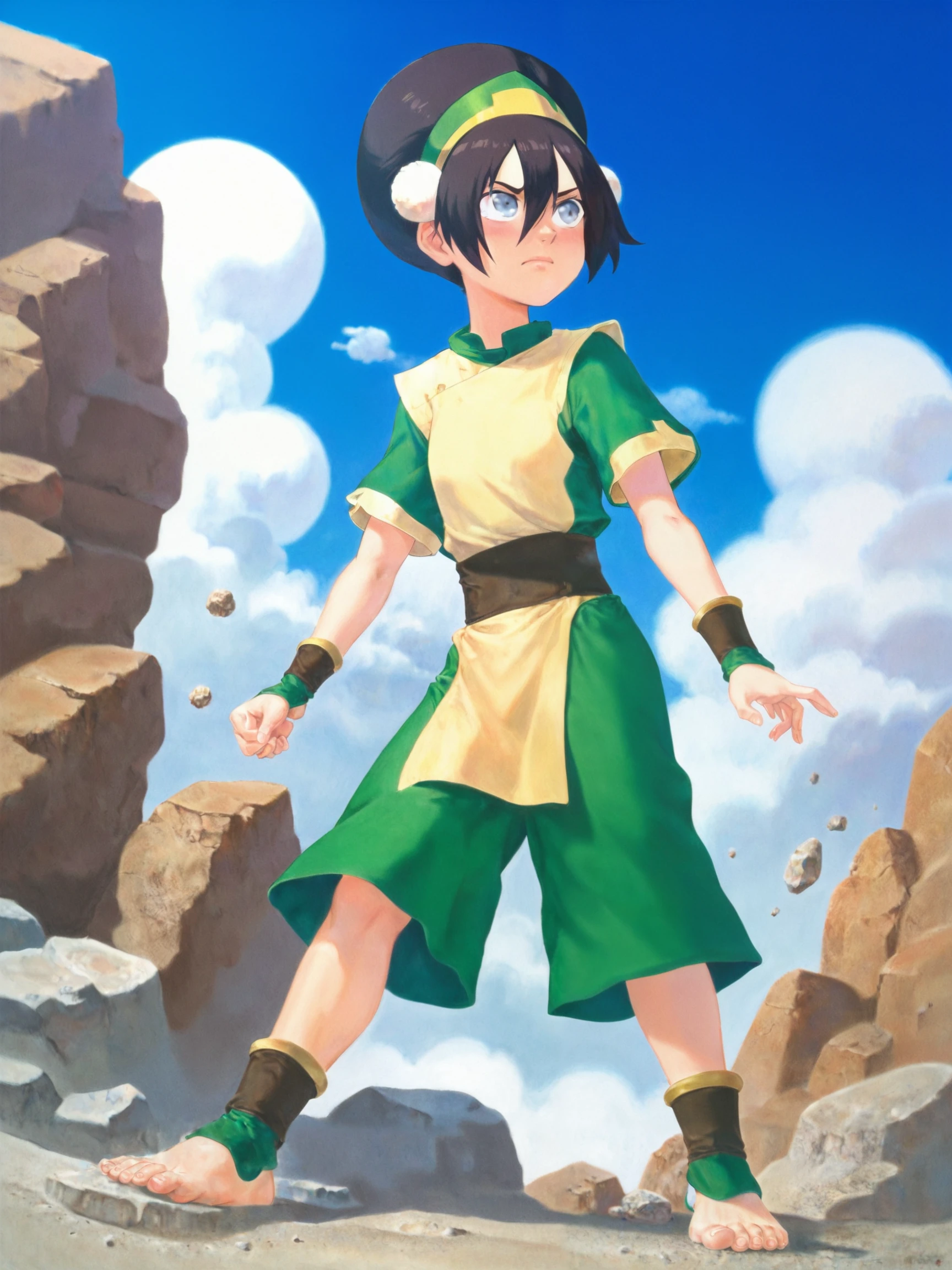 1girl, toph, bangs, black hair, blind, grey eyes, hair between eyes, hair bun, hairband, short hair, short sleeves, tunic, chinese clothes, baggy capri pants,  A detailed illustration of Toph from Avatar: The Last Airbender standing firmly on rocky ground, wearing her traditional Earth Kingdom attire. She is depicted in a powerful stance, feet planted wide apart as if bracing herself for an earthbending move. The camera angle is from a slightly low perspective, capturing her connection to the earth and the strength she draws from it. The background features a rugged mountain range with rocks and boulders scattered around, and the lighting is soft and natural, with a golden hue from the setting sun. Toph’s expression is fierce and confident, her blind eyes gazing straight ahead as she prepares to bend. Dust and small rocks float in the air around her feet, suggesting the imminent power of her earthbending. Her hair is tied up in its usual bun, and her stance reflects her unshakable connection to the ground beneath her, solo, zdyna pose