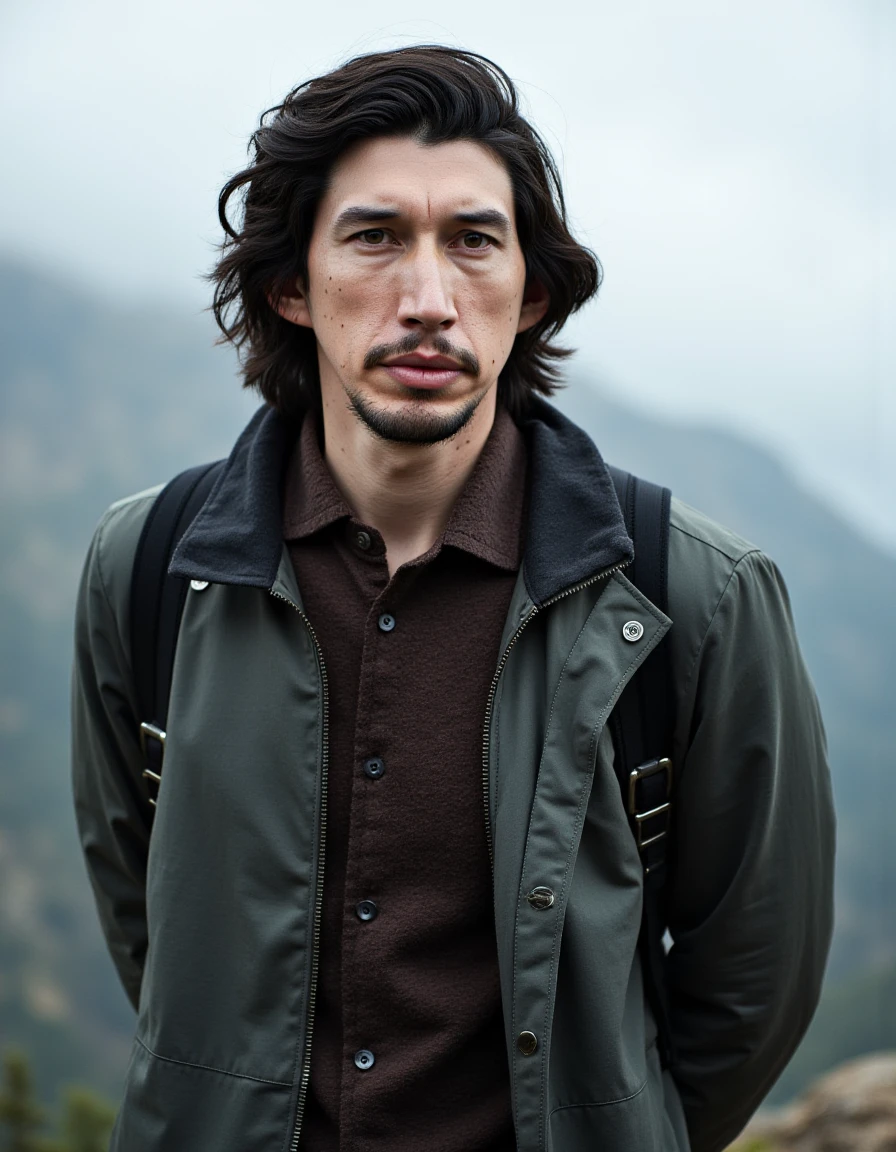 <lora:AdamDriver_FLUX:1> Adam Driver, ,a Surprising man,restless anticipation,rock climbing on a mountain,Depth of field,Beauty Photography