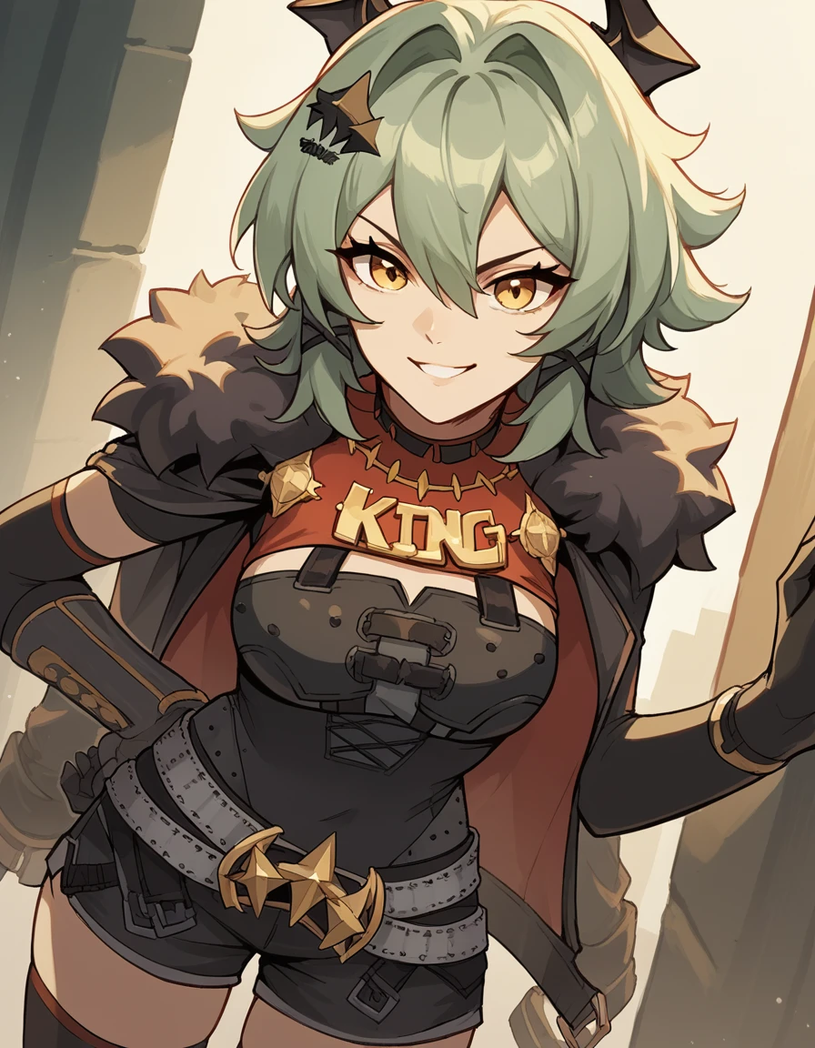 score_9, score_8_up, score_7_up, source_anime, <lora:caesar-king-ponyxl-lora-nochekaiser:1>, caesar king, green hair, short hair, hair between eyes, sidelocks , yellow eyes, confident, hair intakes, v-shaped eyebrows, happy, black gloves, black shorts, black shirt, black thighhighs, gloves, black skirt, grey belt, fur-trimmed jacket, elbow gloves, fur trim, hair ornament, open jacket, emblem, black horns, , undefined, cowboy shot, dutch angle, leaning forward slightly, hand resting on chin, confident smile,