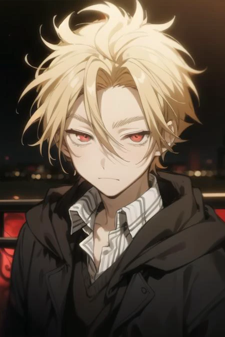 masterpiece, best quality, high quality, 1boy, solo, male focus, looking at viewer, upper body, <lora:king_of_despair:0.76>, king_of_despair, red eyes, blonde hair, hair between eyes, ,