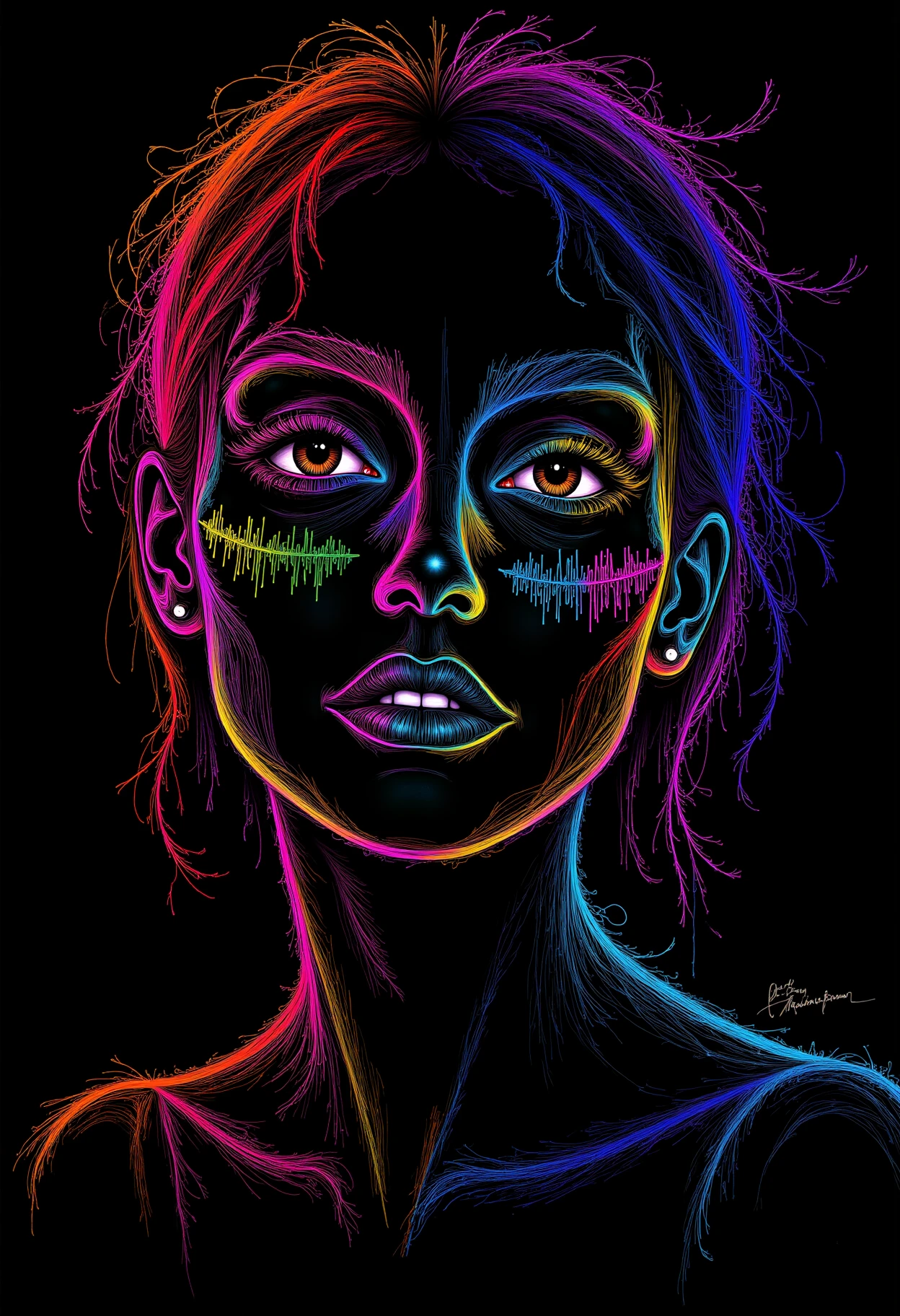 drawing neon line art,  black background, psychedelic,closeup portrait of a Young model woman, with a look of creative intent and serene pose and face, taking a picture