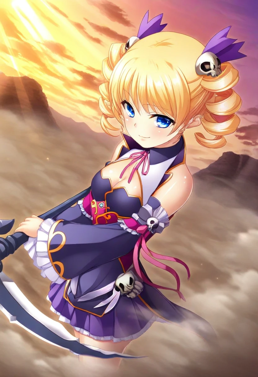 1girl, karin, blonde hair, blue eyes, blush, breasts, cleavage, closed mouth, cloud, drill hair, dust, from side, hair ornament, holding, holding scythe, light rays, outdoors, scythe, shiny skin, short hair, skull hair ornament, sleeveless, small breasts, smile, solo, sunbeam, sunlight, best quality, amazing quality, very aesthetic, absurdres, <lora:char-karin>