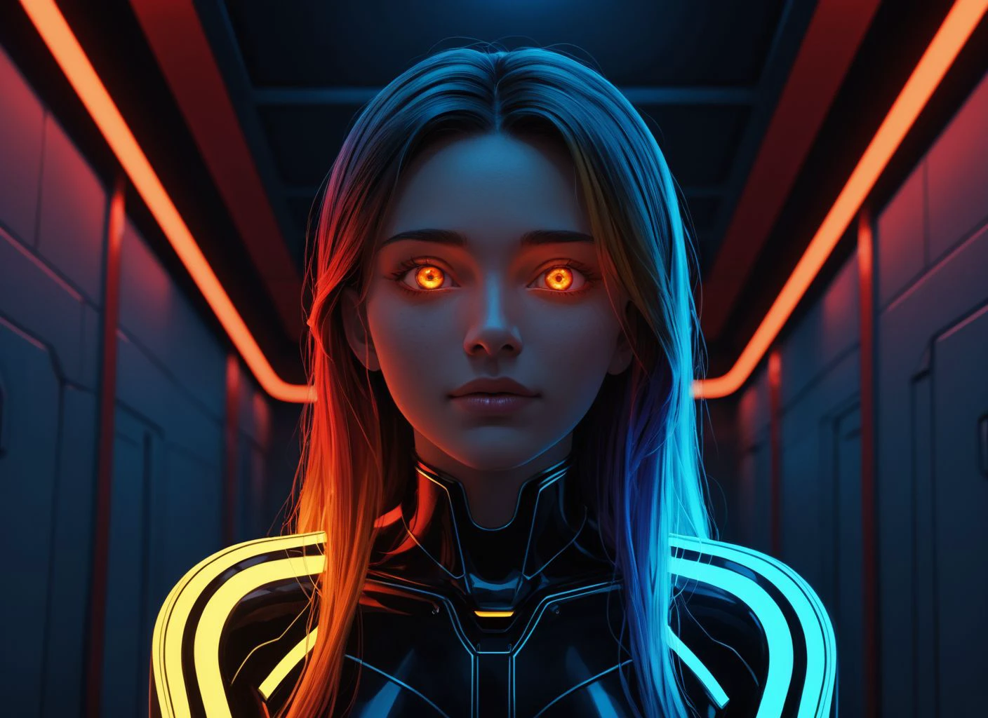 futuristic spaceship, golden corridor, red lighting, dark
1girl, (solo, beautiful, android, (rainbow neon glowing) clothing), facing viewer, face closeup
8k detail, fantasy, scifi