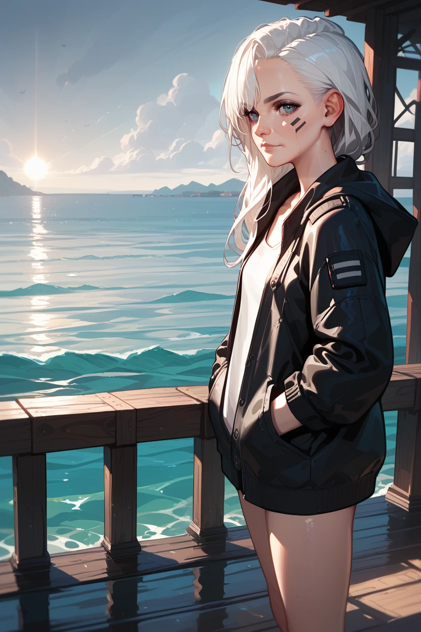 score_9, score_8_up, score_7_up, score_6_up
<lora:CyberRogueOld:0.8>
CyberRogueOld, 1girl, white hair, asymmetrical hair, looking at viewer, standing on a pier, looking out at the ocean, hands in pockets, overcast sky with hints of sunlight breaking through, calm and introspective atmosphere