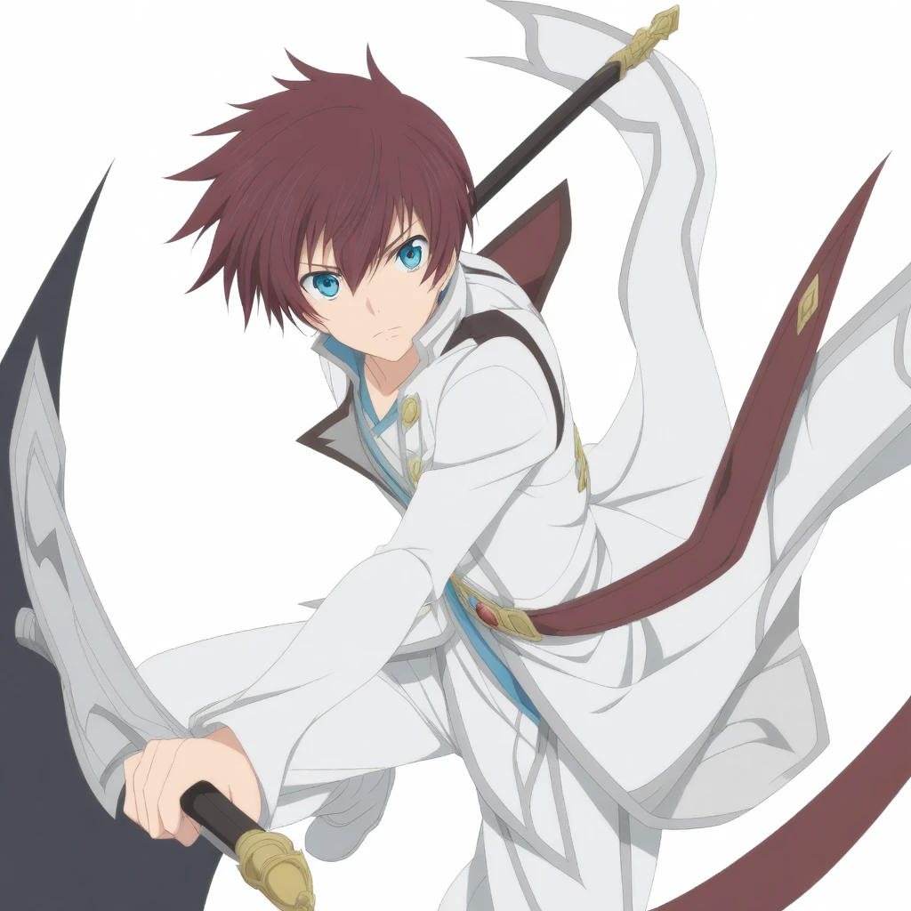 asbel, male, blue eyes, white clothes, short dark brown-red hair, solo, anime eyes,
sword, holding sword, 
 <lora:ASBEL-XL-t2:0.6>