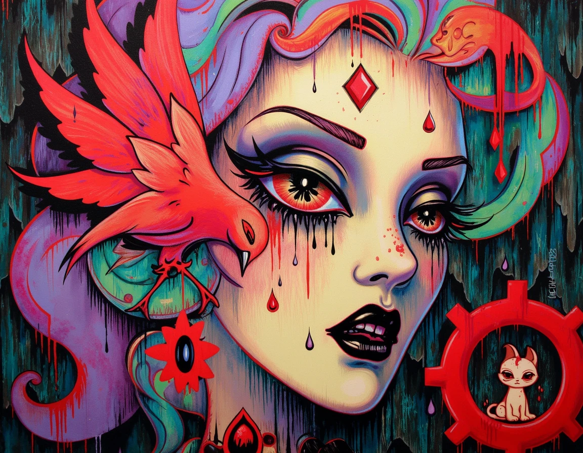 crga, womans face, closeup, black tear drops, long eye lashes, thin eyes, red bird blended with eye, diamond, the background is painted in the pattern of wavy wood lines using an assortmene tof colors everything from dark blue black green in the background to pink orange lilac yellow on the foreground like her face, red outline, bird, red gear, small creature in cutout hole at top right of image, black lips, little triangle teeth