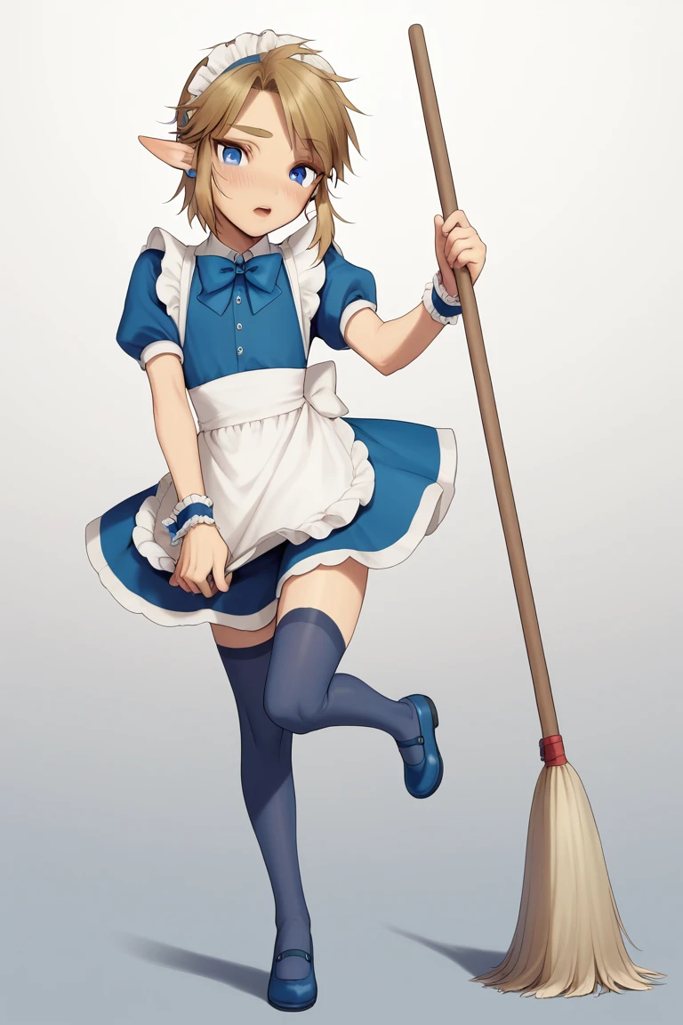 score_9, score_8_up, score_7_up, score_6_up, score_5_up, meimoneStyle, 1boy, absurdres, alternate costume, apron, blue bow, blue bowtie, blue dress, blue eyes, blue footwear, blue hairband, blue ribbon, blue thighhighs, blush, bow, bowtie, broom, brown hair, commentary, crossdressing, dress, enmaided, eyelashes, full body, gradient background, grey background, hair ribbon, hairband, highres, holding, link, looking at viewer, maid, maid apron, maid headdress, male focus, male maid, medium hair, meimone, open mouth, otoko no ko, over-kneehighs, parted bangs, pointy ears, puffy short sleeves, puffy sleeves, ribbon, short dress, short sleeves, solo, standing, standing on one leg, the legend of zelda, thighhighs, thighs, wrist cuffs