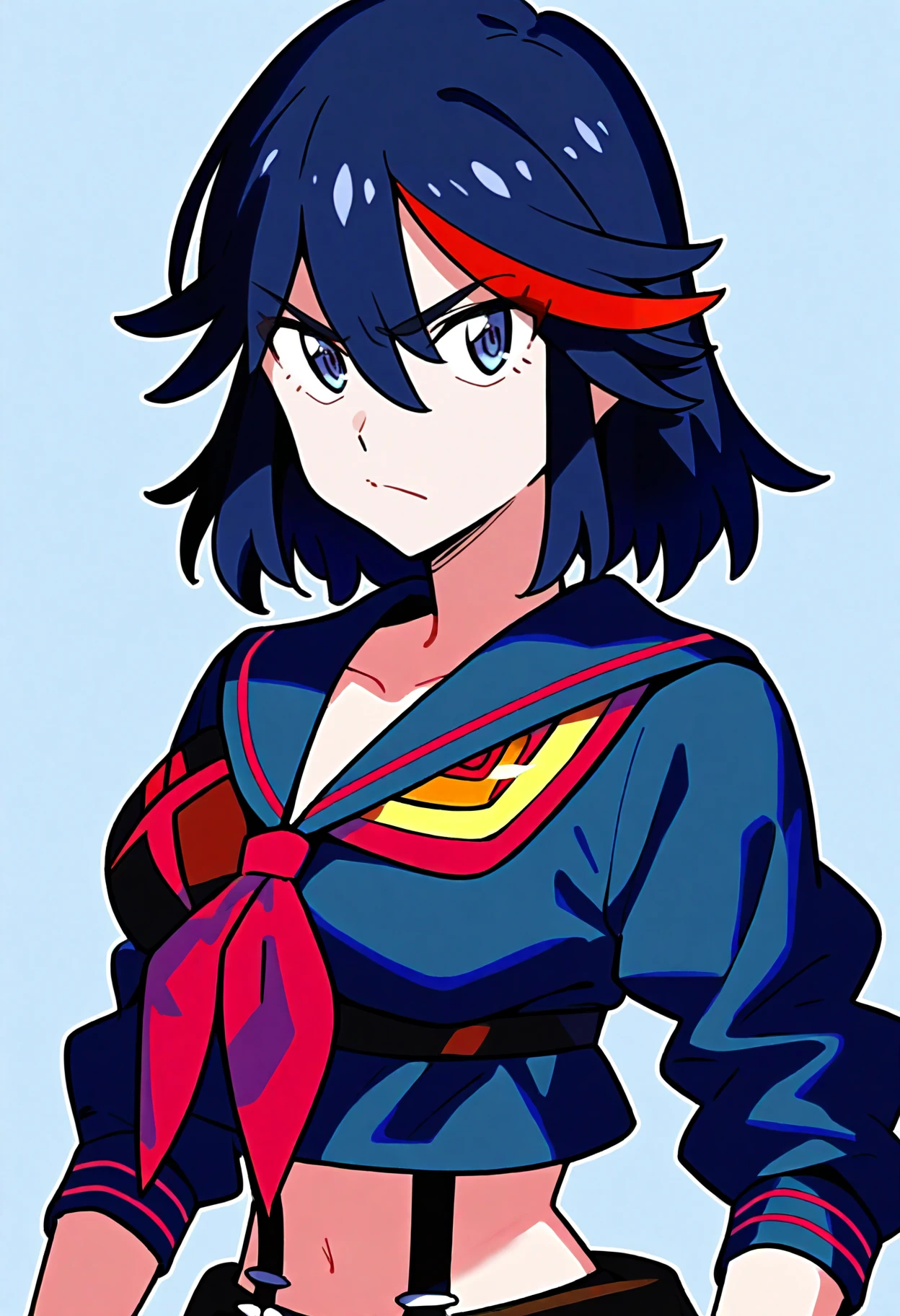 masterpiece, best quality, very aesthetic, absurdres BREAK
1girl, matoi ryuuko, black hair, red streaked hair, short hair, blue eyes, midriff, navel, pleated skirt, school uniform, serafuku, suspenders,
upper body, looking at viewer, solo, simple background,      <lora:MatoiRyuukoIllustriousXL_byKonan:1>