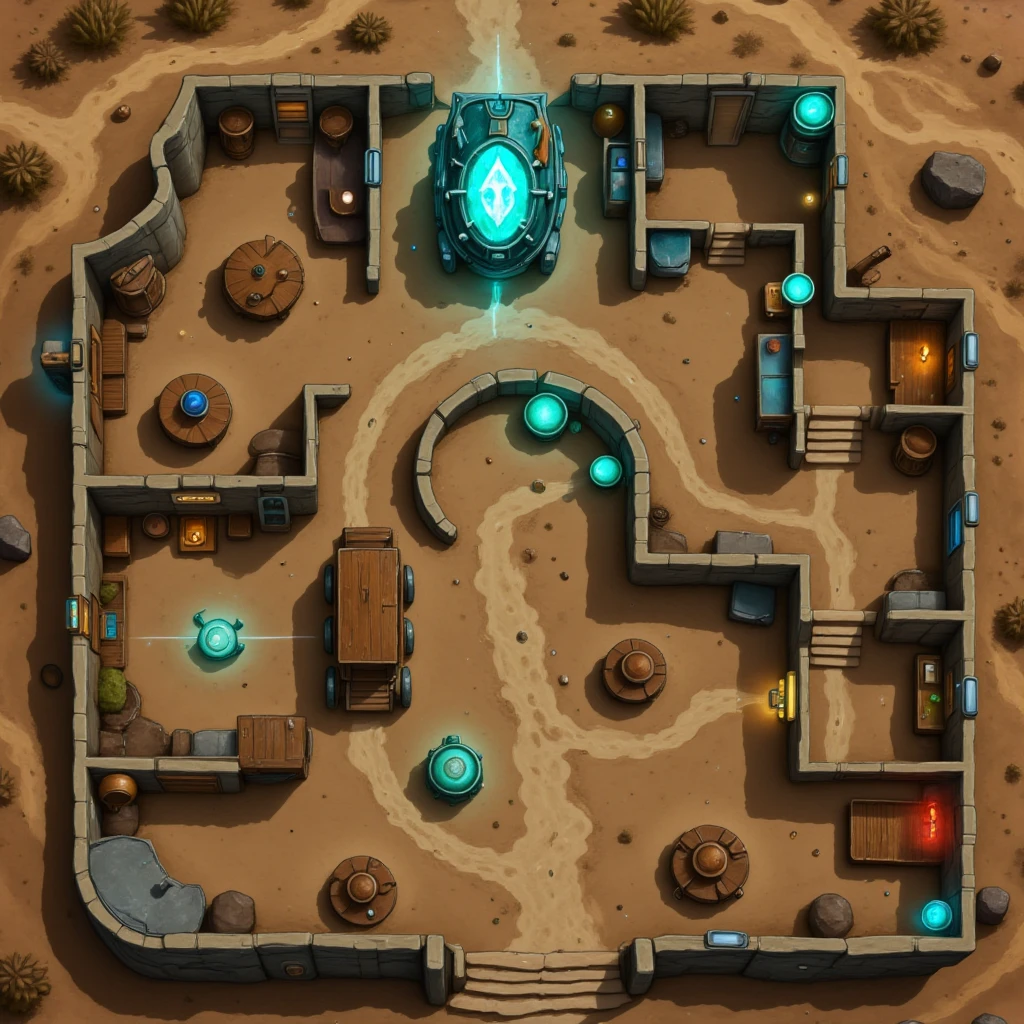 The image is a digital drawing of a fantastical, mystical western-style dungeon map, rendered in a vibrant, cartoonish style with exaggerated colors and bold outlines. The dungeon resembles a labyrinthine frontier saloon or mine, featuring various rooms and winding passageways, all set against a rugged, arid terrain. The main structure includes a large, glowing, crystal-like feature resembling a massive gem embedded in a wooden stagecoach, emitting an ethereal, neon turquoise light, surrounded by smaller, similar glowing orbs that resemble lanterns. Dusty trails weave through the landscape, leading to hidden treasures and unexpected encounters. <lora:DD_Tabletop_RPG_Map:1>