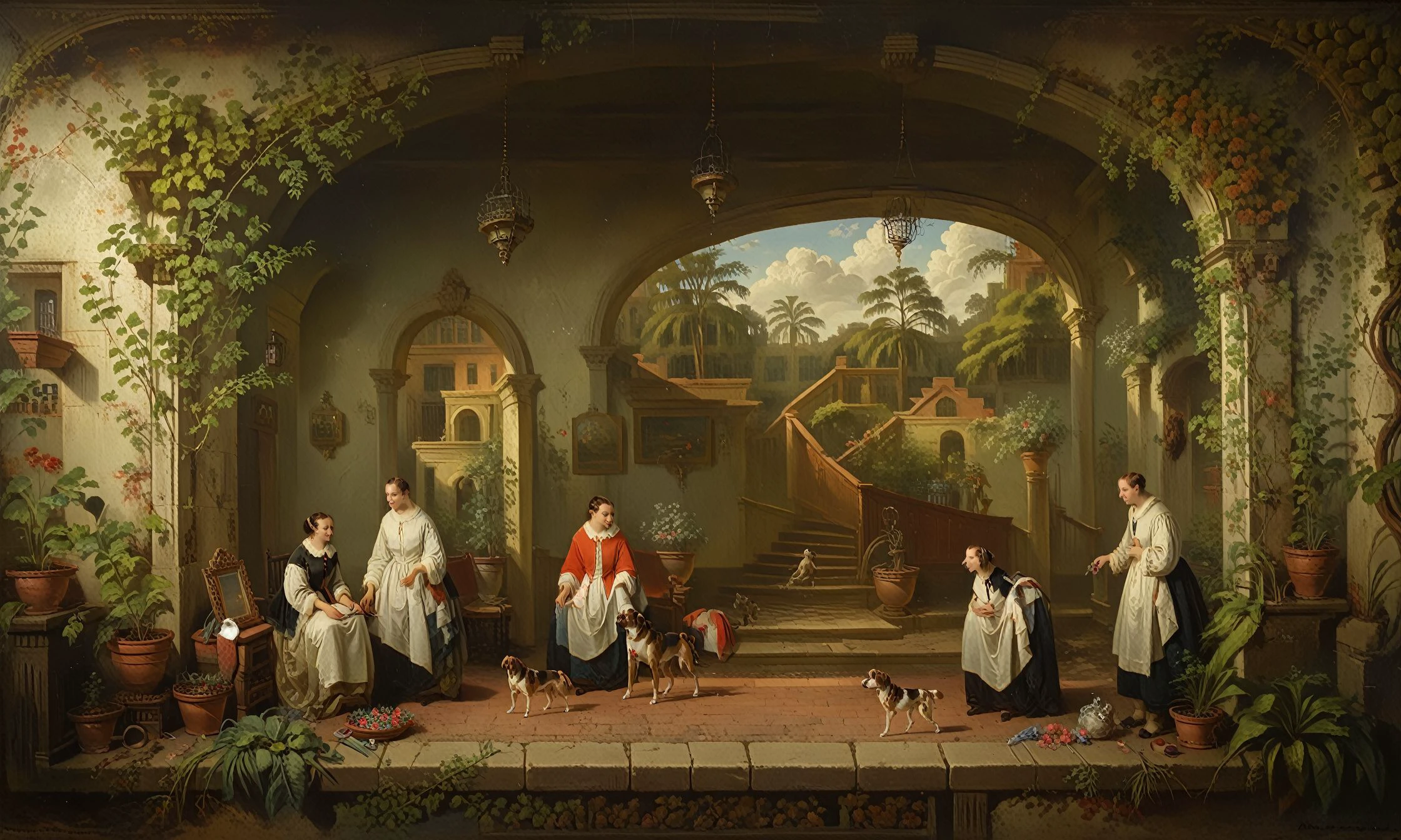 <lora:alexis-van-hamme_pony_v1:1> ' outdoors ' by hamme van alexis in, Academicism \(style\), The artwork is a painting that depicts two dogs in a lush garden while the sun is shining., score_9, score_6_up, score_7_up