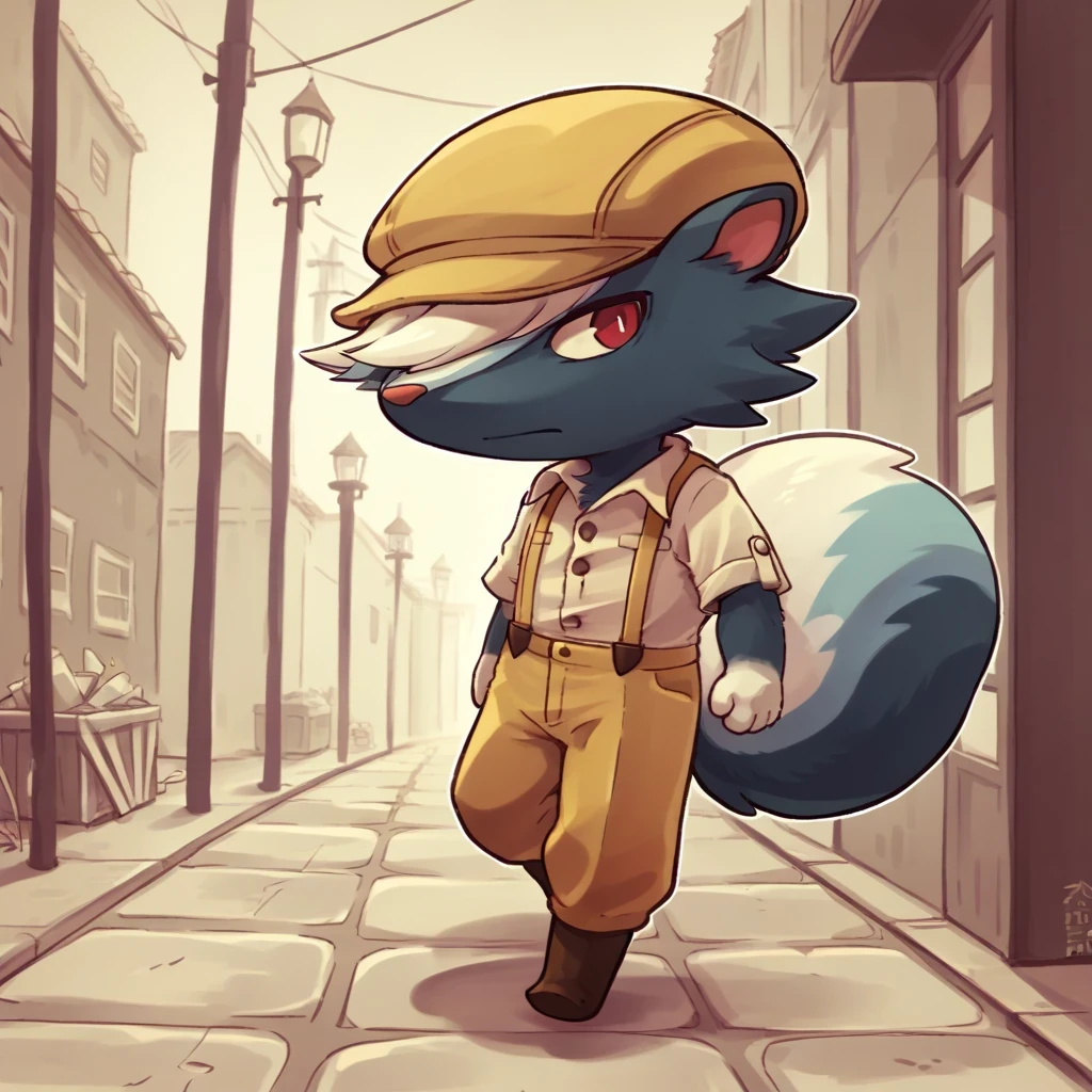 score_9, score_8, kicks, beige hat, red eyes, blue fur, furry male, furry, 1boy, solo, hat, 1boy, no humans, full body, male focus, hair over one eye, suspenders, small town background, stone streets, 2d, anime, lineart, flat color, walking