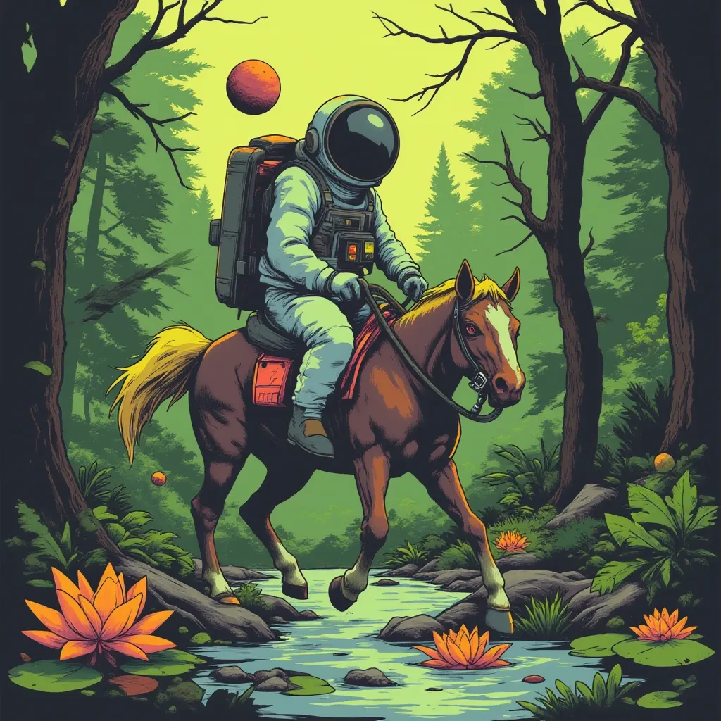 An astronaut riding a horse in the forest. There is a river in front of them with water lilies., LNTP illustration style