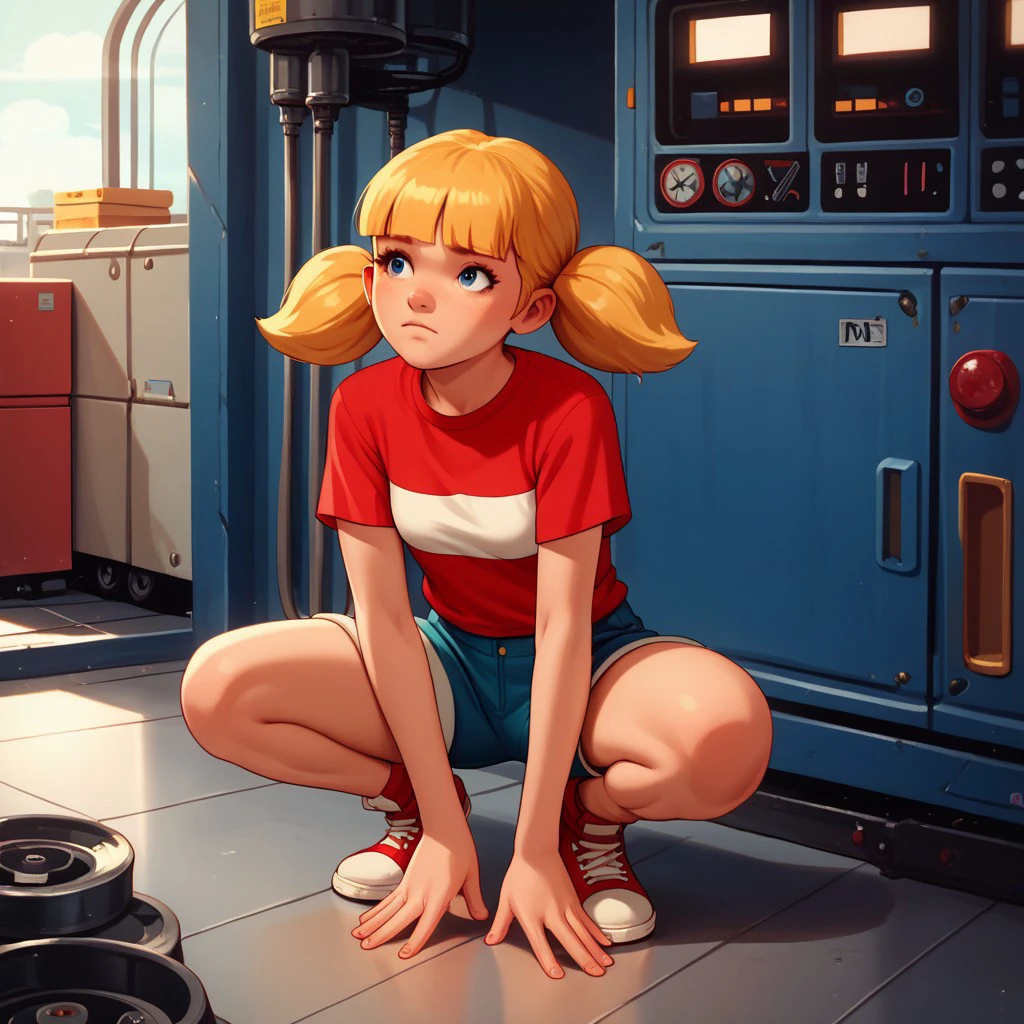 score_9, score_8, score_7, score_6, 1girl, pe_nny, twin tails, red shirt with a white stripe, crouching on the floor, in a factory, Blond hair