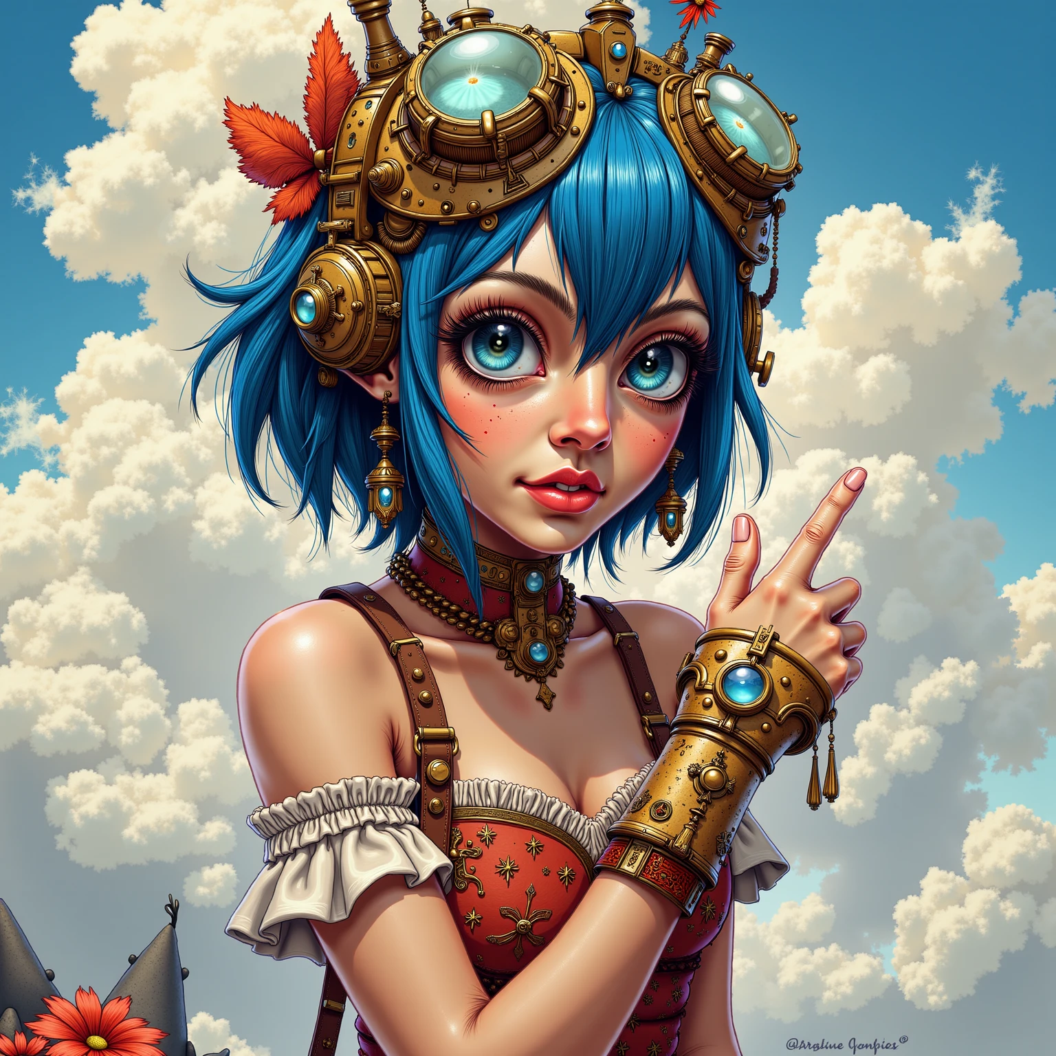 steampunk illustration, a girl with short blue hair and blue eyes is sitting on a cloud, anime style, light effect, anime style hyper detailed, illustration, bloody, intricate, elegant, digital painting, artstation, smooth, sharp focus, art by artgerm and greg rutkowski and alphonse mucha.