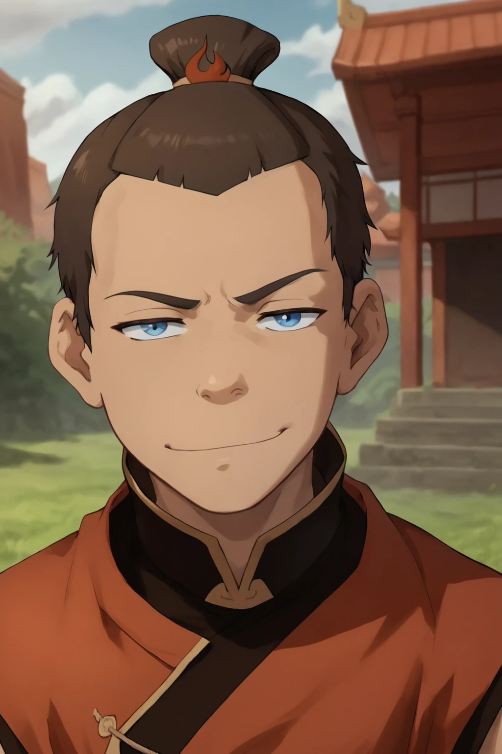 score_9, score_8_up, score_7_up,   <lora:sokka:0.8>, 1boy, solo, sokka, brown hair, short hair, blue eyes, fire nation clothing, red clothes, black clothes, coat, topknot, looking at viewer, expressionless, smug, outdoors,