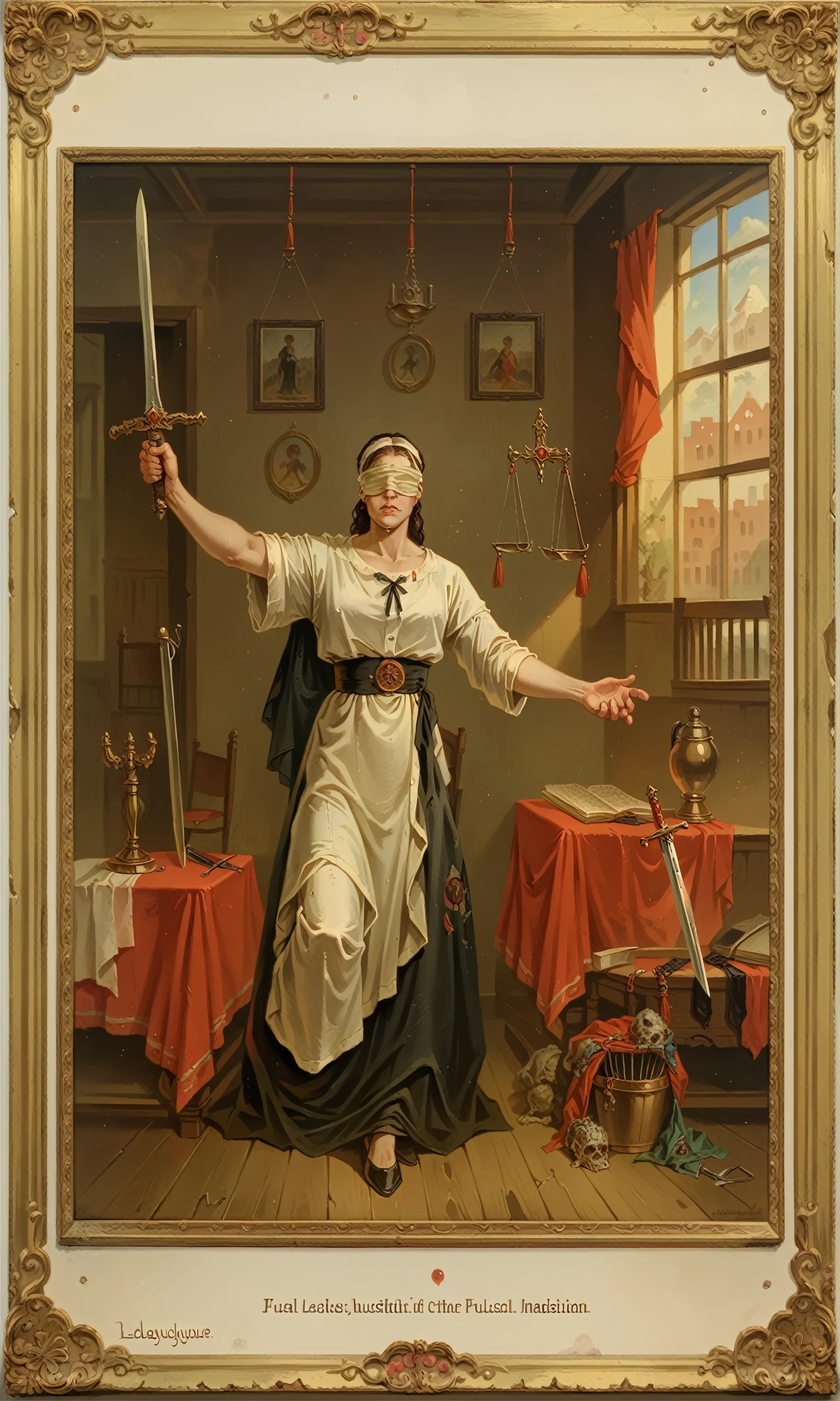 <lora:alexis-van-hamme_pony_v1:0.6> ' xladyjusticex ' by hamme van alexis in 1863, Academicism \(style\), The artwork is a painting of  <lora:lady_justice:1> , outstretched arm, holding scale, holding sword, blindfold, scale, fine art parody, duel wielding, score_9, score_6_up, score_7_up