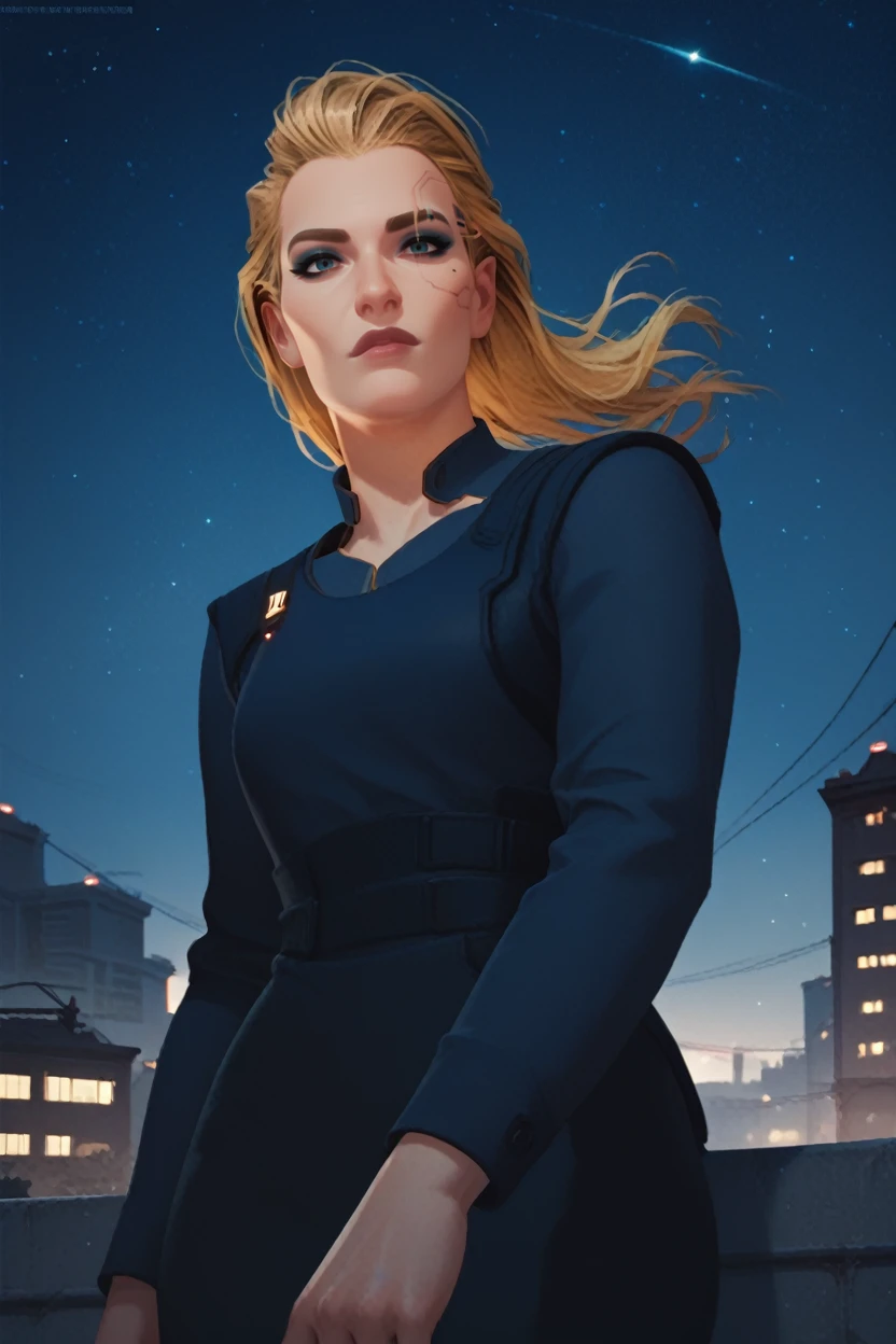 score_9, score_8_up, score_7_up, score_6_up
<lora:CyberMeredith:0.8>
CyberMeredith, 1girl, blonde hair, looking at viewer, standing on a rooftop at night, city lights twinkling below, wind gently blowing hair, starry sky above, mysterious and enchanting ambiance