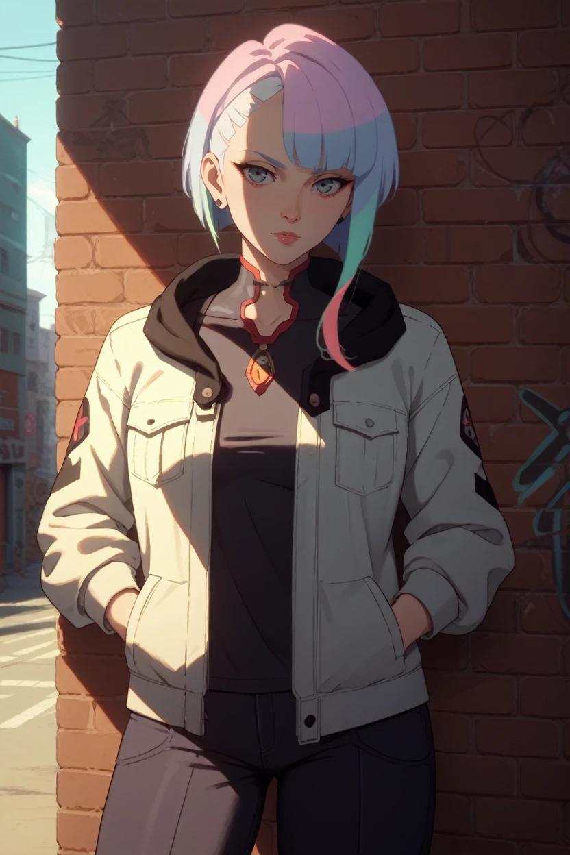 score_9, score_8_up, score_7_up, score_6_up
<lora:ERLucy:0.8>
ERLucy, 1girl, multicolored hair, asymmetrical hair, looking at viewer, leaning against a brick wall, hands in jacket pockets, urban alleyway with graffiti art, moody lighting with shadows, edgy and modern vibe