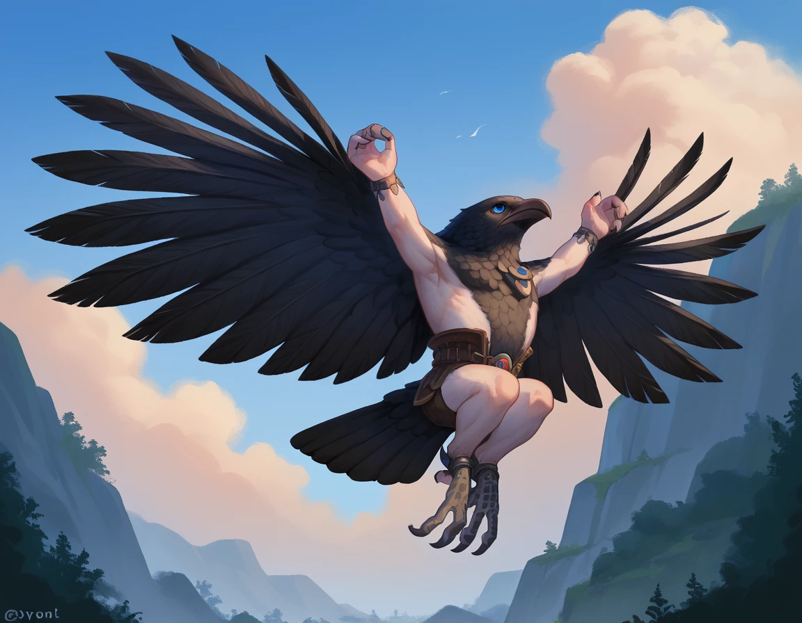 score_9, score_8_up, score_7_up, 2d, cartoon, chibi, cute, blue sky,
OnyxCrowmen, solo, winged arms, talons, black feathers, blue eyes, flying,
<lora:OnyxCrowmen:0.8>