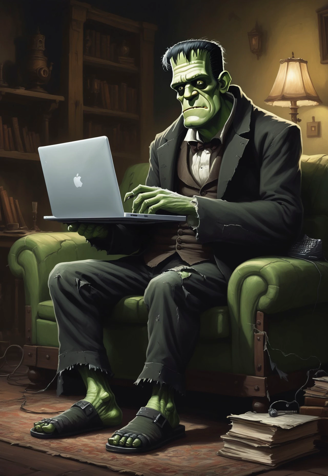 A funny depiction of Frankenstein sitting on a couch, with a laptop computer on his lap, the laptop looks small compared to his large size, he is eagerly typing, he looks excited and happy, he is hunched over to get a better look at the screen, his face is lit up by the screens brightness, he is wearing torn clothes, black pants, black overcoat, the setting is in an old castle, stone walls, room is dark, full body shot, high quality photo, best quality, 8k resolution, incredible detail, highly detailed photo