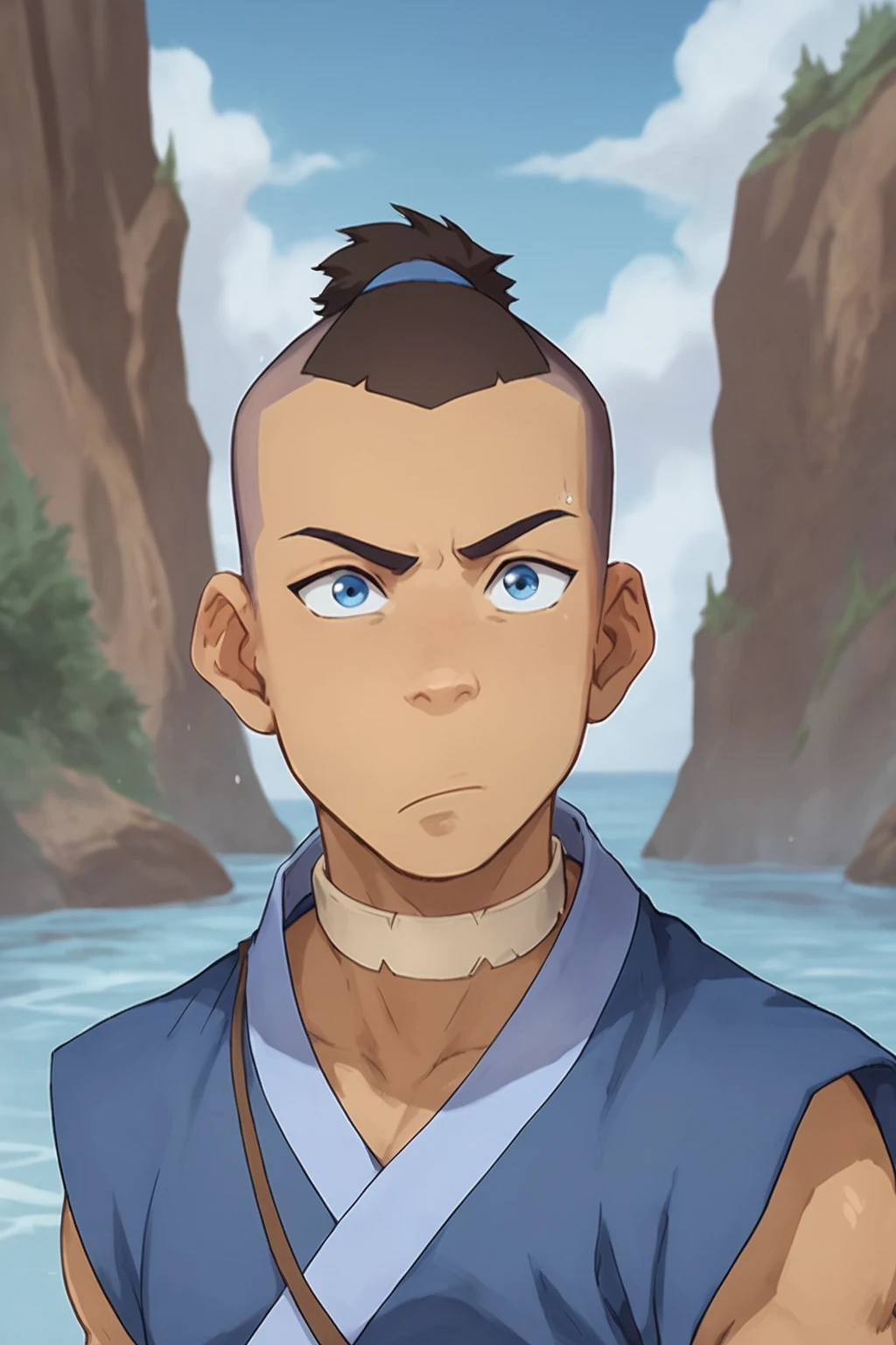 score_9, score_8_up, score_7_up,   <lora:sokka:0.8>, 1boy, solo, sokka, brown hair, short hair, blue eyes, water nation clothing, undercut, topknot, looking at the viewer, frown, outdoors,