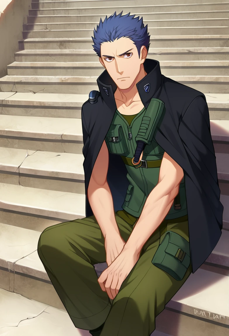 zPDXL2,rating_safe,<lora:evol_v1.1:1>,cayenne suzushiro,1boy,male focus,solo,sitting,looking at viewer,stairs,shirt,jacket,pants,closed mouth,sheathed,jacket on shoulders,green vest,dagger,