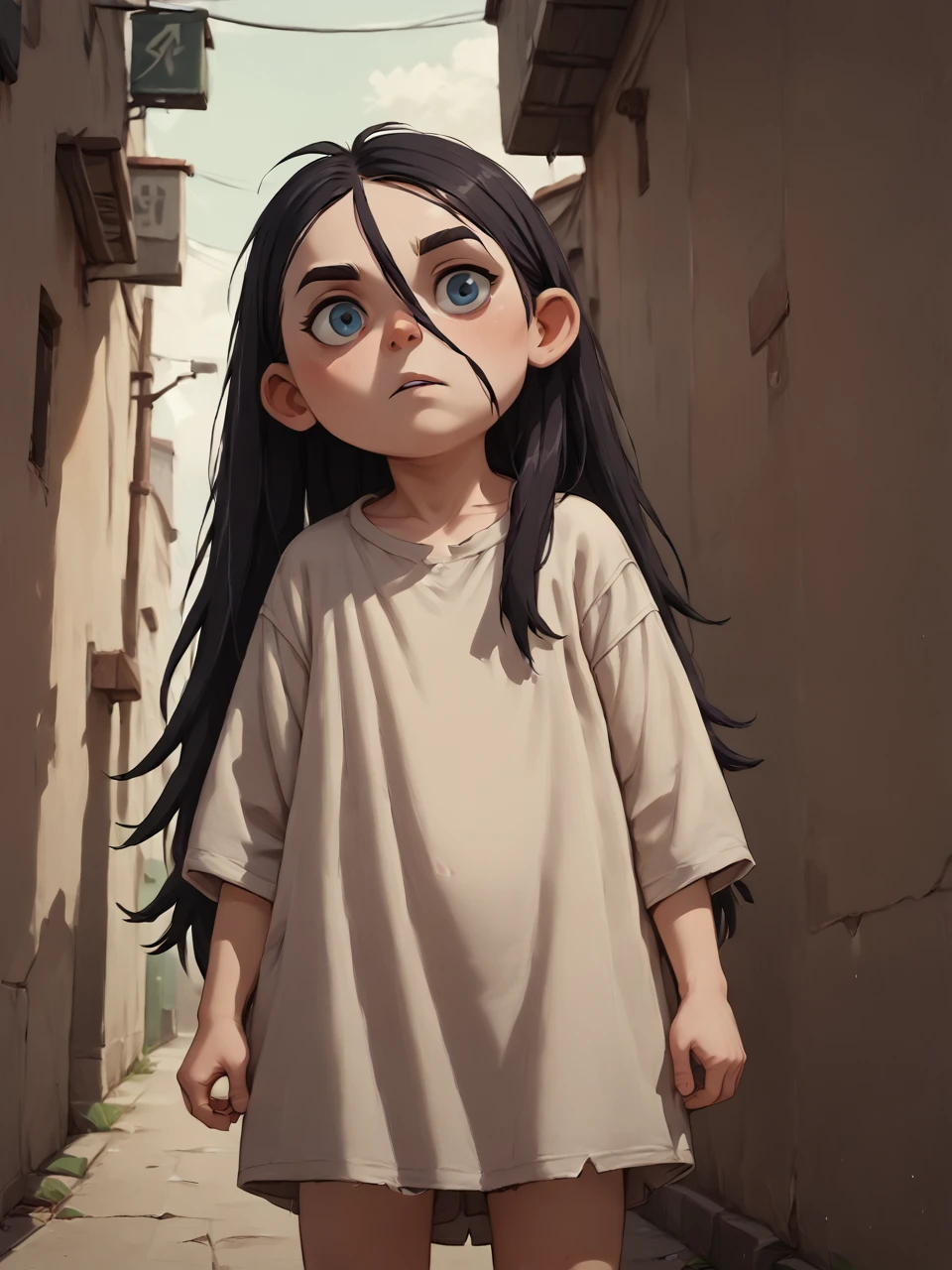 score_9, score_8_up, score_7_up,  score_6_up, BREAK, WolTruffles, 1girl, solo, black hair, long hair, hair between eyes, blue eyes, child, shirt, torn clothes, oversized clothes, alley  <lora:Truffles:1>