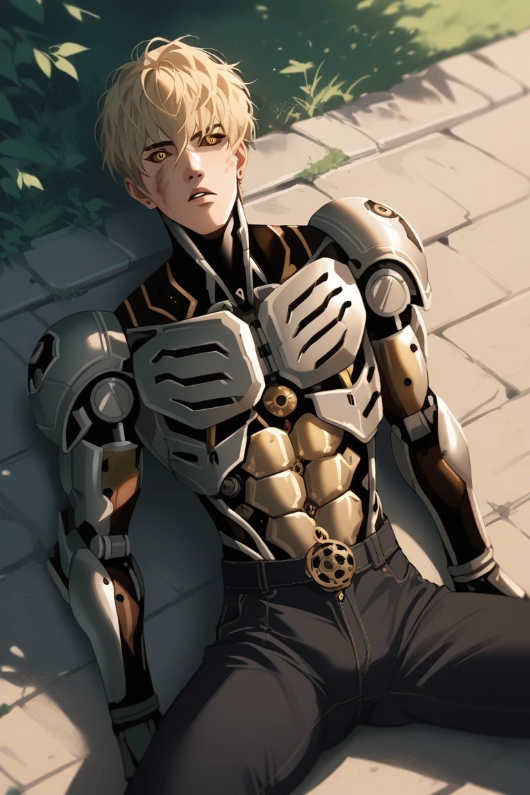 score_9, score_8_up, score_7_up, source_anime, rating_explicit, natural lighting, cyborg-male focus, leaning back, defeated, GenosOPM, blonde_Genos_hair, black-yellow_Genos_eyes, black sclera, topless, torn clothes, legs apart, 1cyborg-male, intricately detailed illustration, blurry outdoors, looking up at viewer, from above