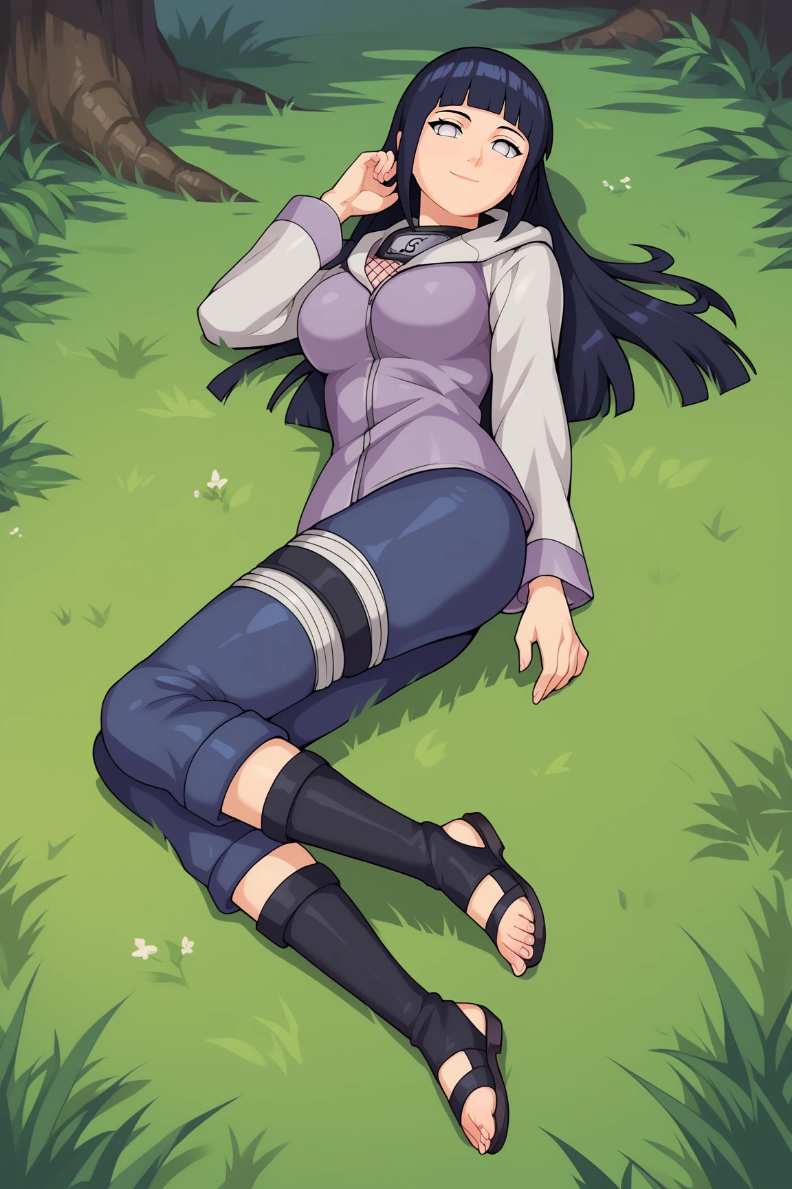 score_9, score_8_up, score_7_up, score_6_up, BREAK, HinataHyugaNXL, no pupils, white eyes, black hair, long hair, blunt bangs, mediun breasts, forehead protector, fishnets, purple jacket, long sleeves, blue pants, black footwear, toeless footwear, solo, full body, lying on grass, seductive smile, looking at viewer, forest <lora:HinataHyugaNXL:1>