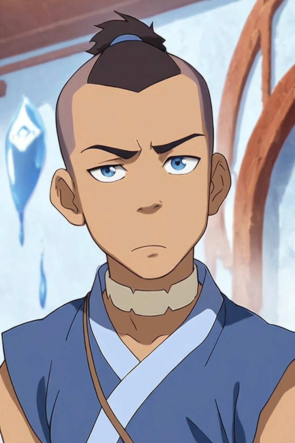 score_9, score_8_up, score_7_up,   <lora:sokka:0.8>, 1boy, solo, sokka, brown hair, short hair, blue eyes, water nation clothing, undercut, topknot, looking at the viewer, frown, official art, official style,