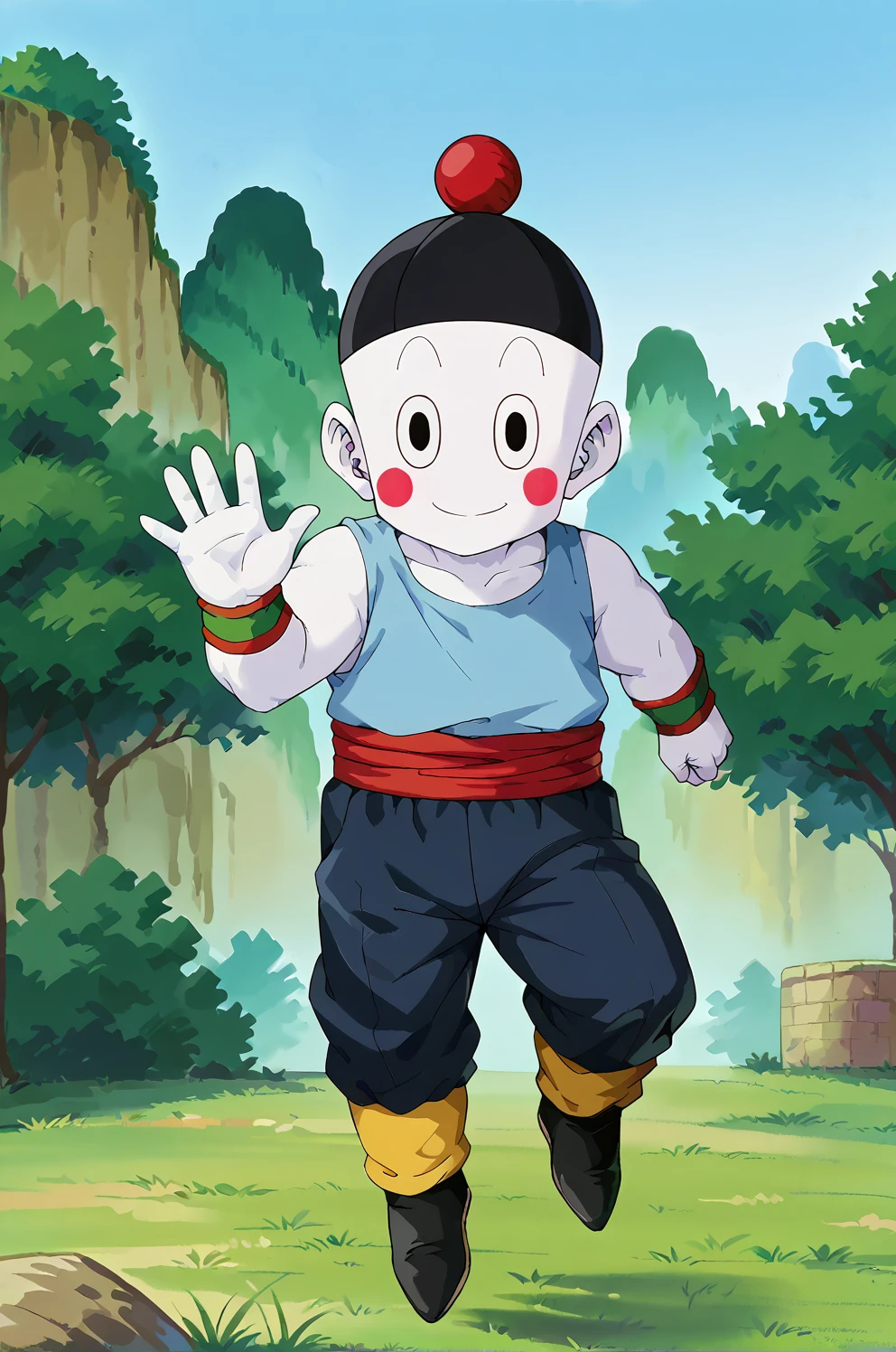 score_9,score_8_up,score_7_up BREAK chaozu, 1boy, male focus, solo, blush stickers, black eyes, white skin, white background, red pom pom \(clothes\), black pants, light blue tank top, looking at viewer,thin mountain, cliff,, full body, red sash, green wristband, flying, black flats, (black hat), yellow leg warmers, no nose,smile,looking at viewer,waving, mount paozu, grass, bush,blue sky,arm at side, hand up   <lora:ChaozuPony:1> <lora:MountPaozuPony:1>