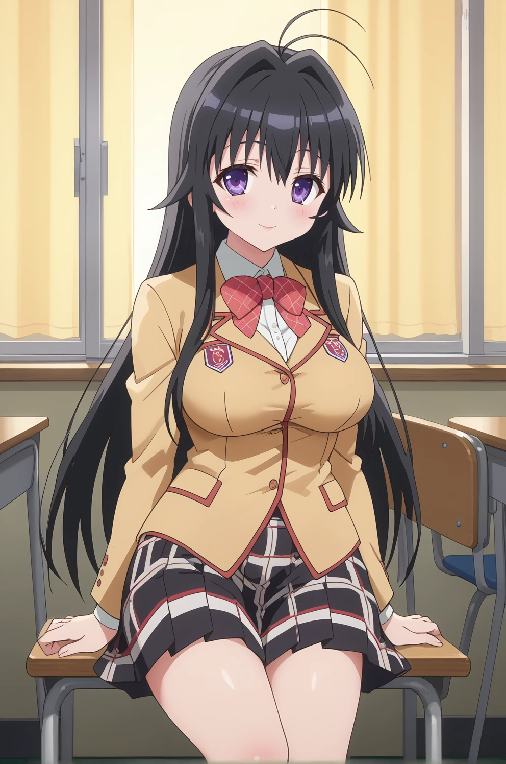 score_9, score_8_up, score_7_up, source anime, prefect lighting, very aesthetic, BREAK, anime coloring, anime screencap,
<lora:minamoto_chizuru_v1-pdv6:1>, 1girl, minamoto chizuru, kanokon, purple eyes, black hair, long hair, large breasts,
school uniform, long sleeves, plaid skirt, bow, kneehighs,
BREAK, light smile, blush, looking at viewer,
BREAK,