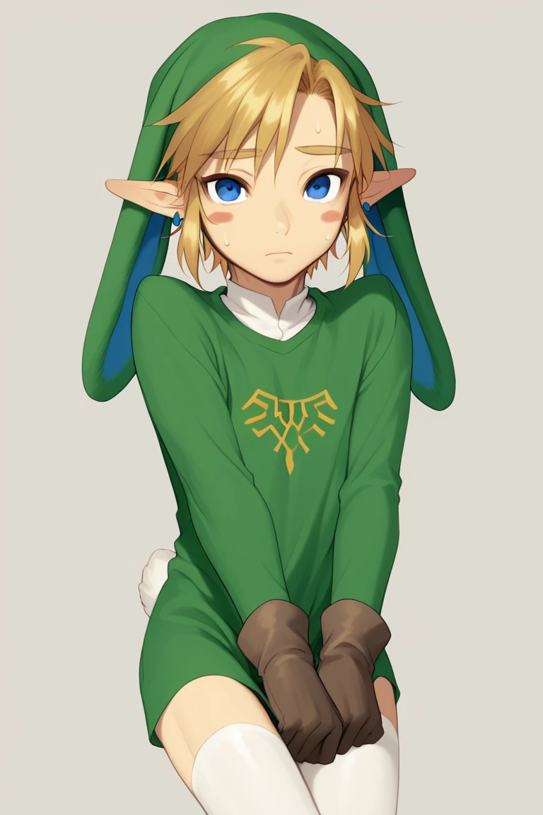 score_9, score_8_up, score_7_up, score_6_up, score_5_up, meimoneStyle, 1boy, animal ears, blonde hair, blue eyes, blush stickers, brown gloves, bunny hood (zelda), commentary request, earrings, gloves, green headwear, green shirt, grey background, jewelry, link, looking at viewer, male focus, meimone, pointy ears, rabbit ears, shirt, short hair, simple background, solo, sweatdrop, the legend of zelda, the legend of zelda: ocarina of time, thighhighs, white shirt, white thighhighs